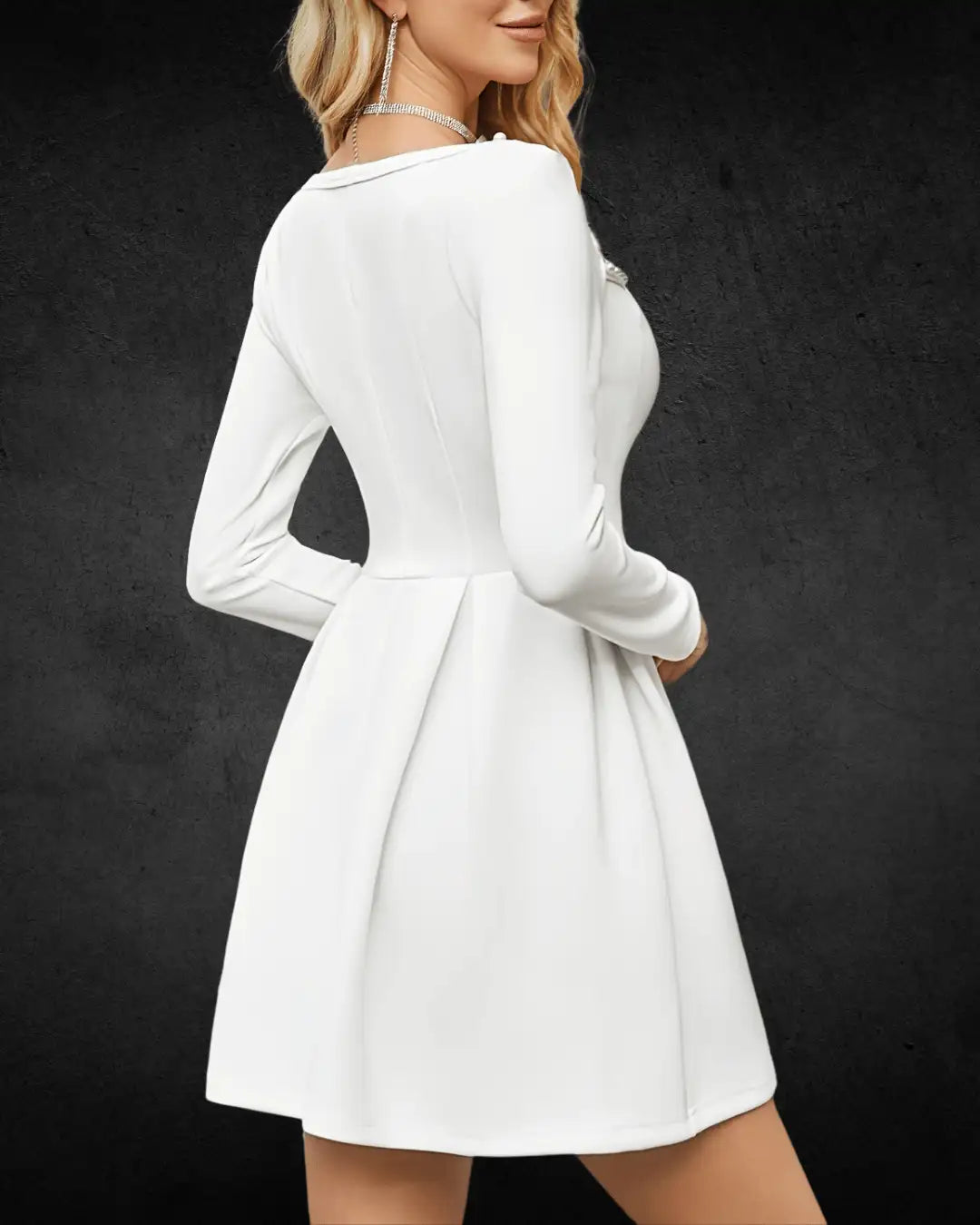 Designer Women's Pearl-Embellished A-Line Bridal Dress - French Vintage Square Neck, Long Sleeve, Polyester Blend, Non-Sheer - VougeVampUK