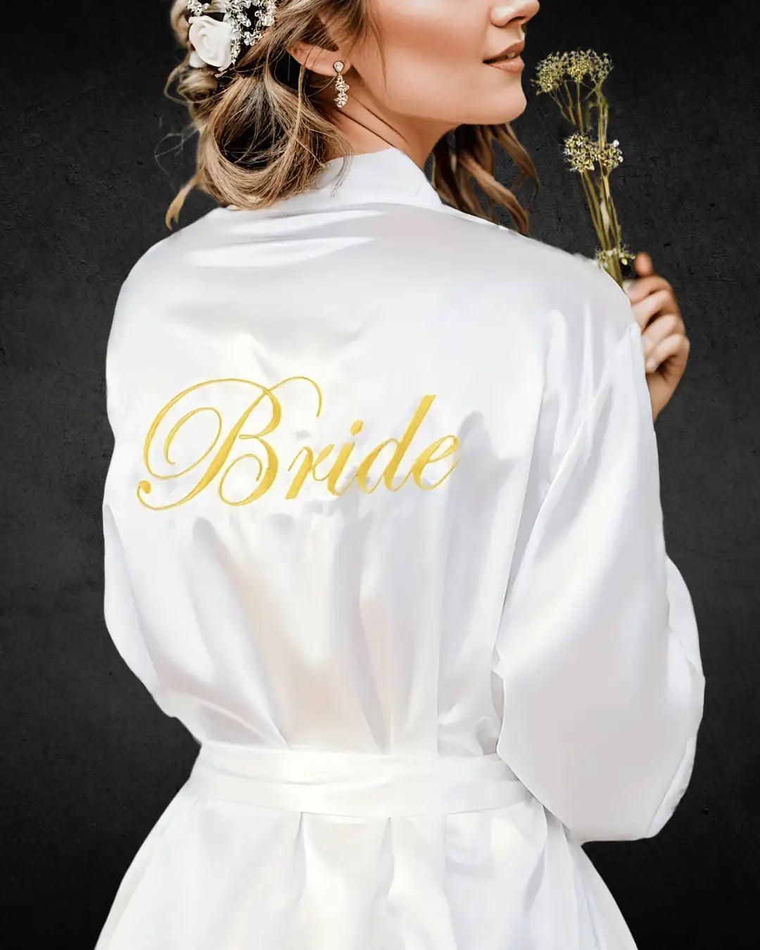 Elegant Embroidered Satin Bridal Night Dress – Long Sleeve, Asymmetrical Neck, with Belt