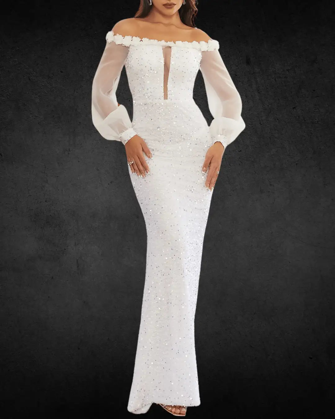 Elegant Off-Shoulder Sequin Lace Maxi Bridal Dress – Long Sleeve, Formal Wedding Gown - VougeVampUK