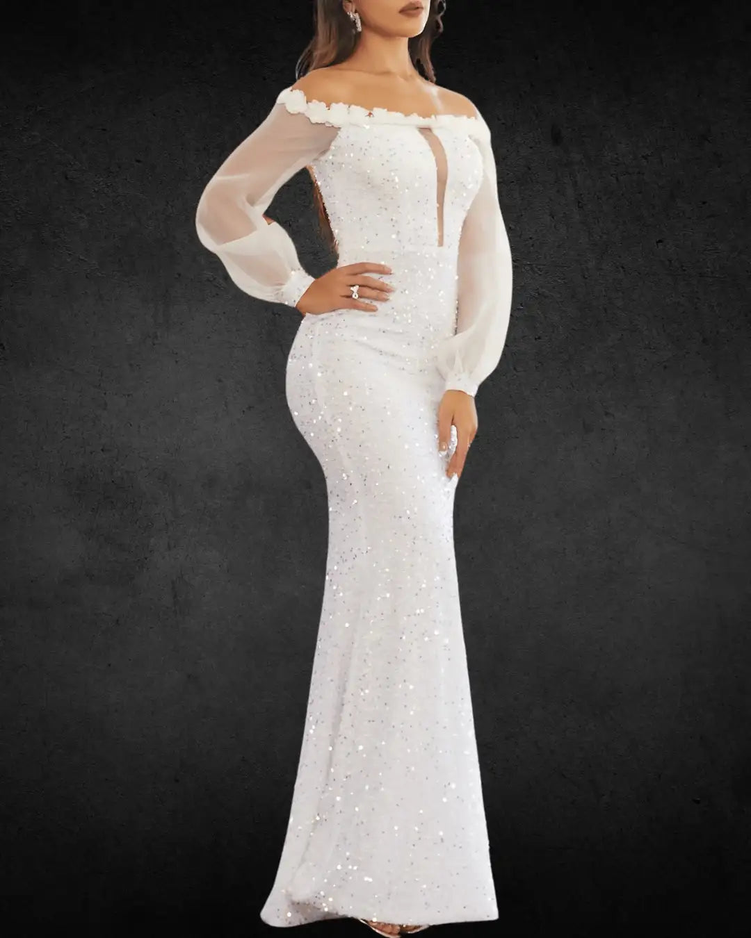 Elegant Off-Shoulder Sequin Lace Maxi Bridal Dress – Long Sleeve, Formal Wedding Gown - VougeVampUK