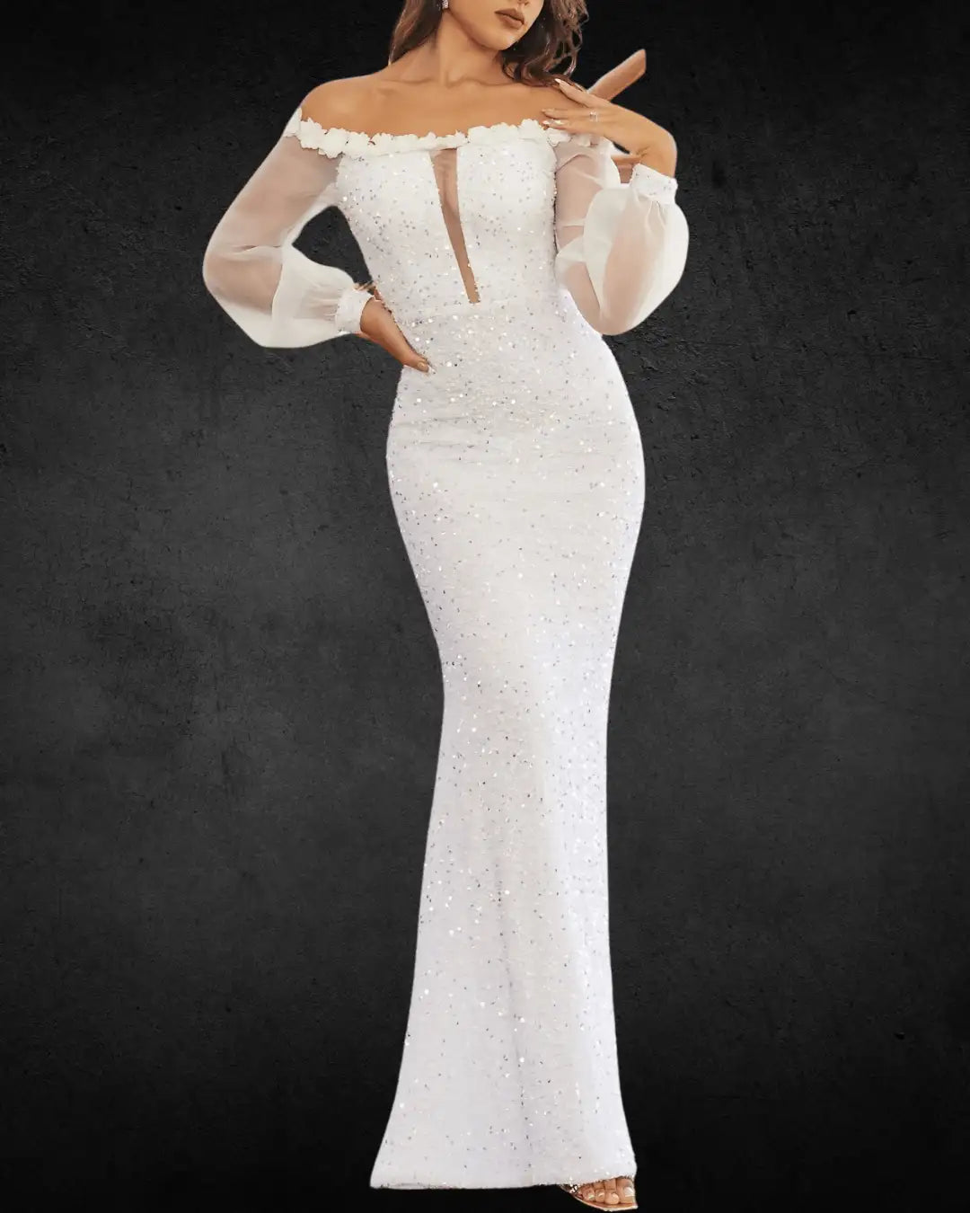 Elegant Off-Shoulder Sequin Lace Maxi Bridal Dress – Long Sleeve, Formal Wedding Gown - VougeVampUK