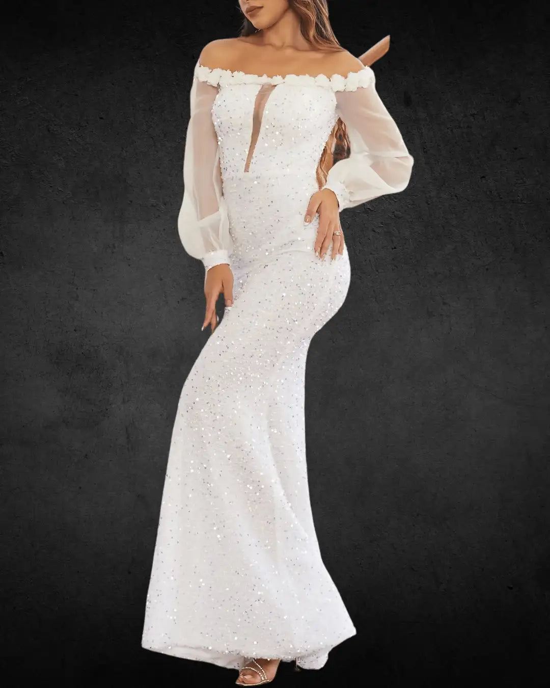Elegant Off-Shoulder Sequin Lace Maxi Bridal Dress – Long Sleeve, Formal Wedding Gown - VougeVampUK