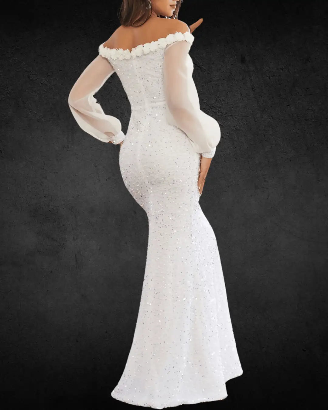 Elegant Off-Shoulder Sequin Lace Maxi Bridal Dress – Long Sleeve, Formal Wedding Gown - VougeVampUK