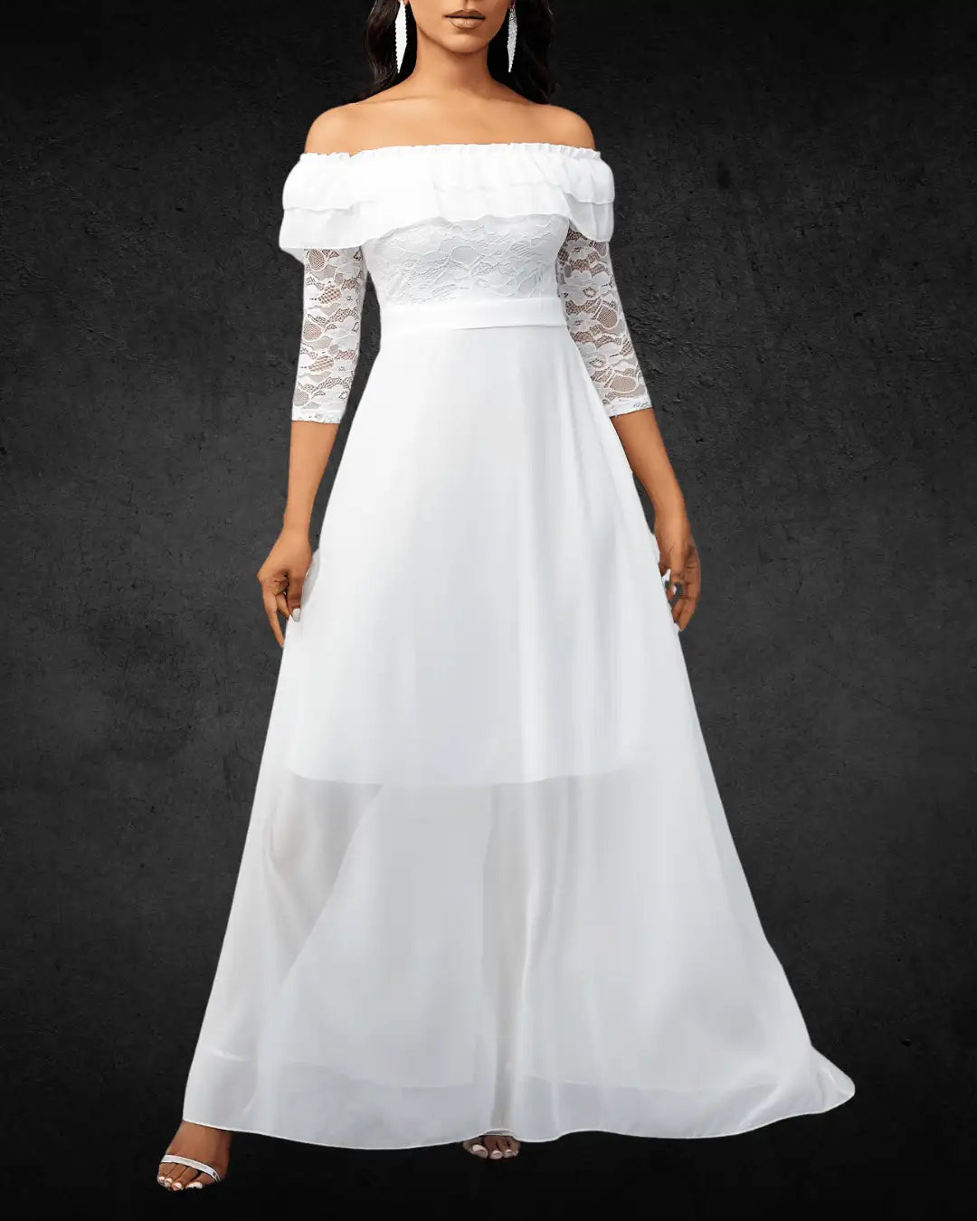 Elegant Off-Shoulder White Chiffon Bridal Wedding Dress with Lace Sleeves – A-Line, Floor-Length, Non-Stretch