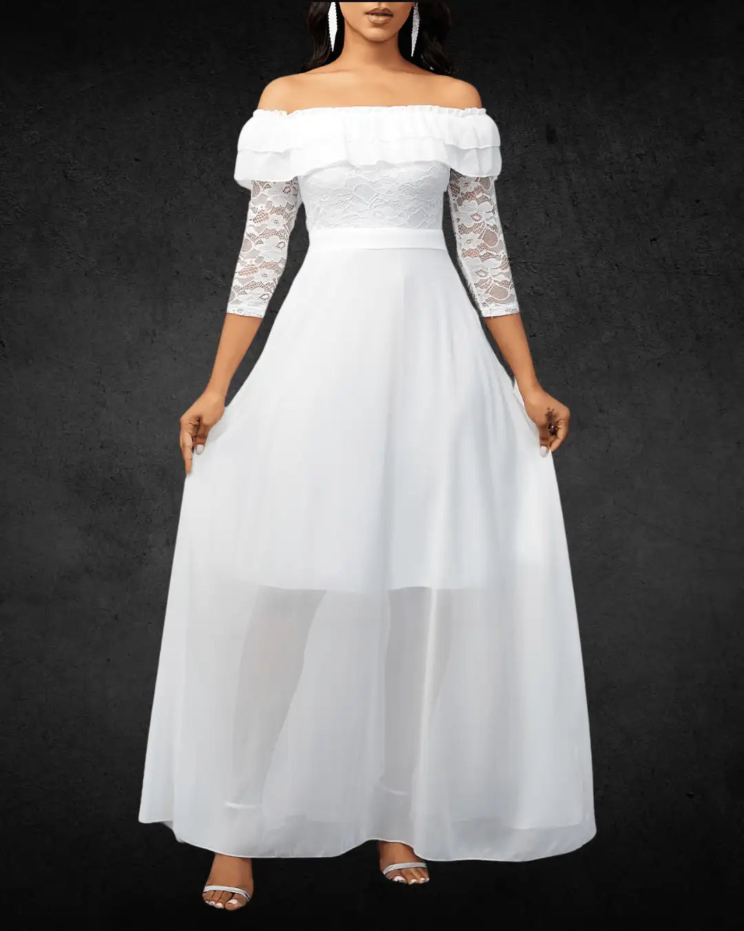 Elegant Off-Shoulder White Chiffon Bridal Wedding Dress with Lace Sleeves – A-Line, Floor-Length, Non-Stretch