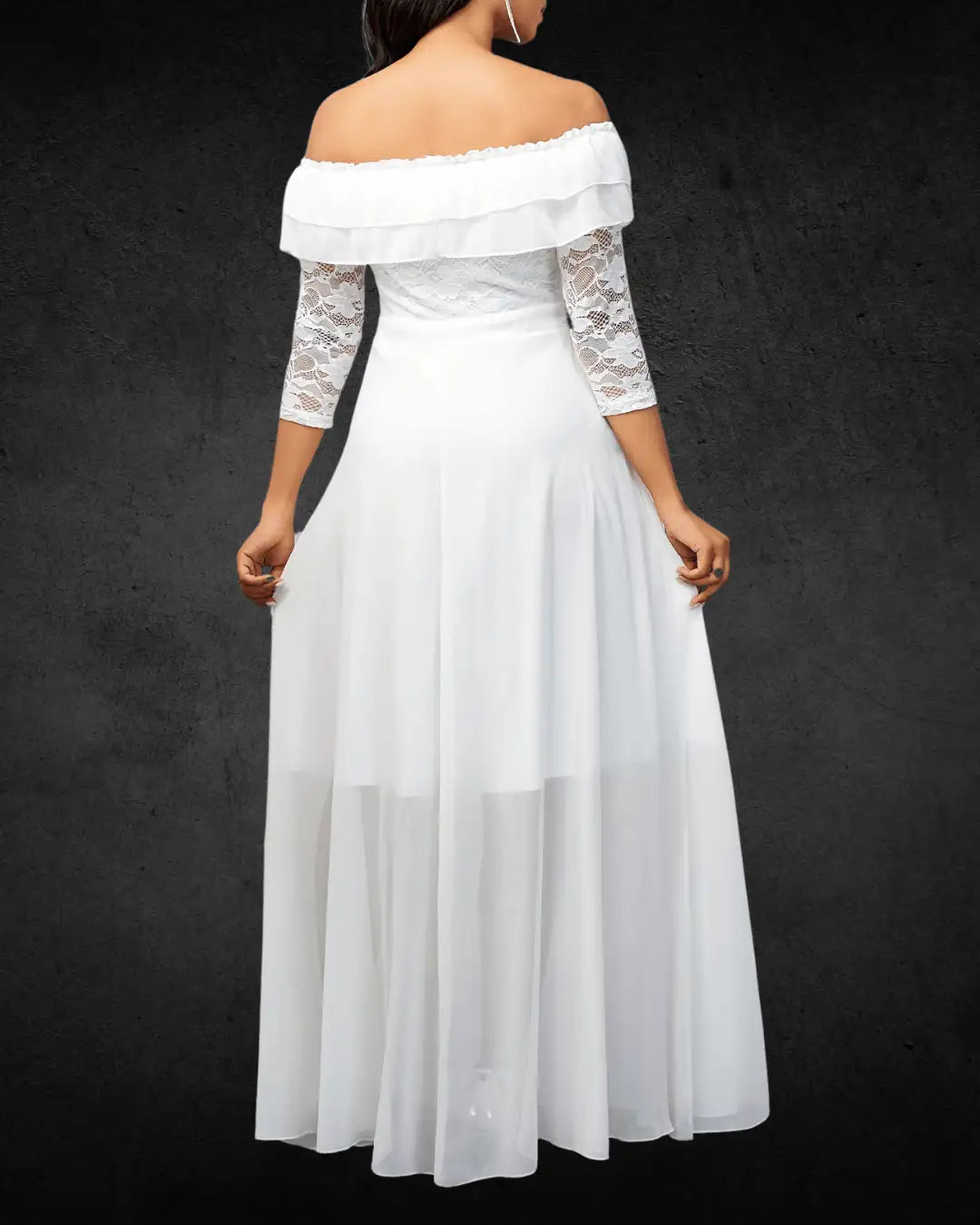 Elegant Off-Shoulder White Chiffon Bridal Wedding Dress with Lace Sleeves – A-Line, Floor-Length, Non-Stretch