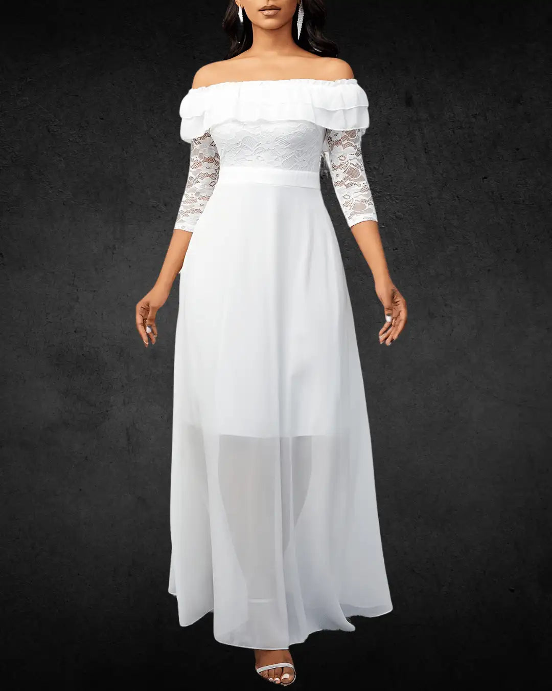 Elegant Off-Shoulder White Chiffon Bridal Wedding Dress with Lace Sleeves – A-Line, Floor-Length, Non-Stretch