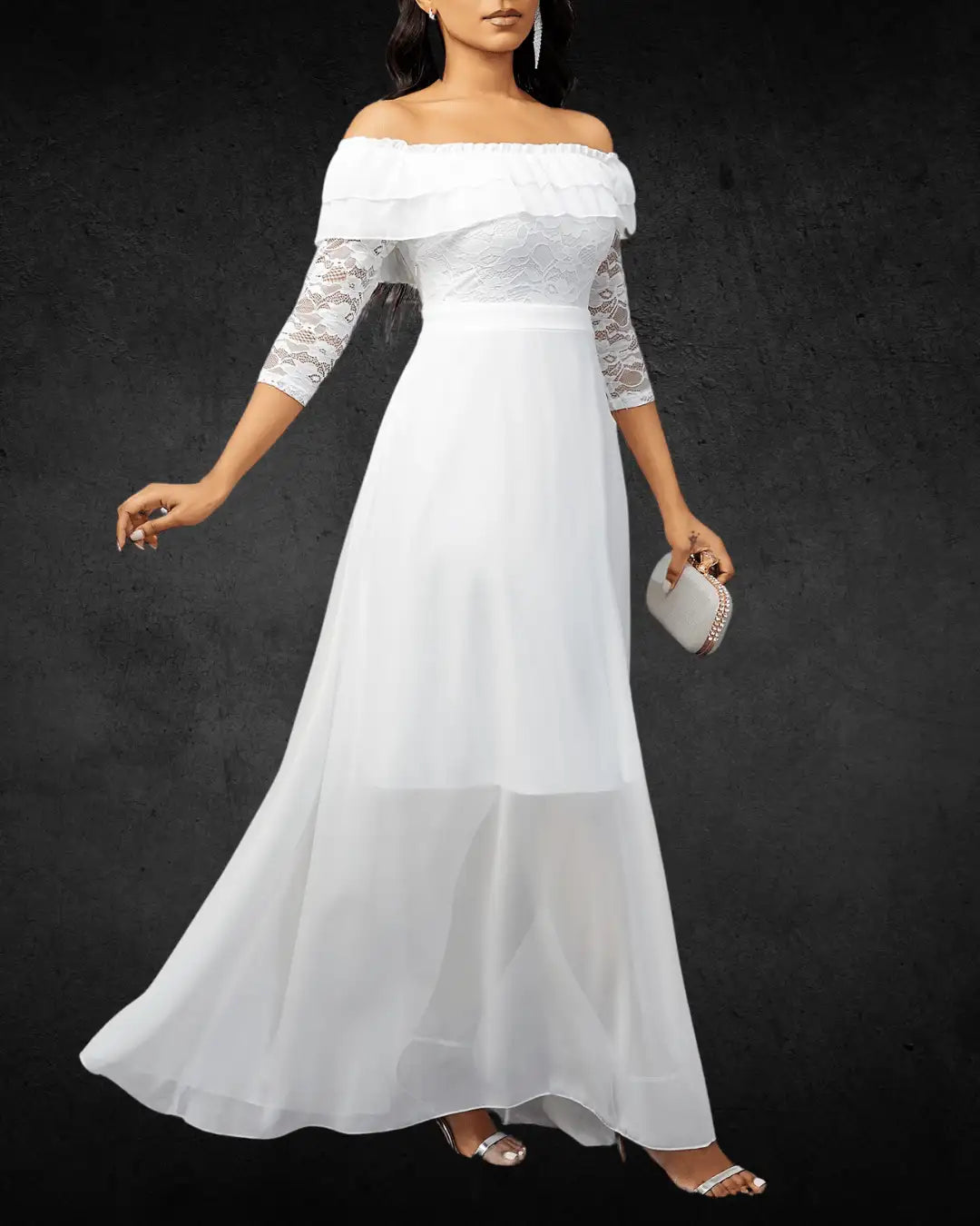Elegant Off-Shoulder White Chiffon Bridal Wedding Dress with Lace Sleeves – A-Line, Floor-Length, Non-Stretch