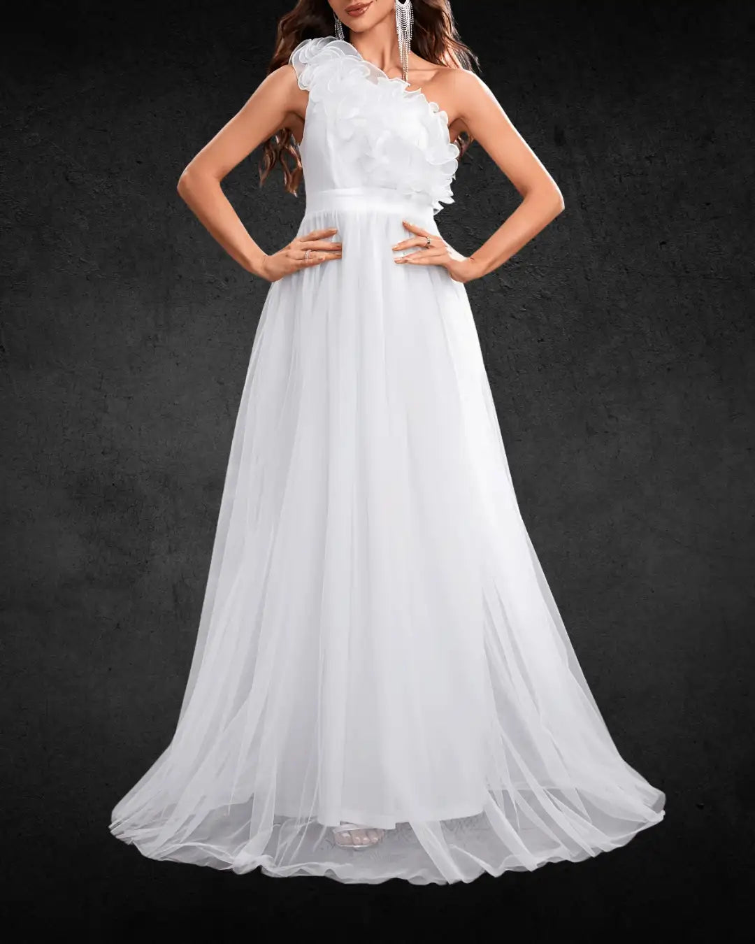 Elegant One-Shoulder A-Line Wedding Dress – White with Ruffled Detail, High Waist, and Flowing Silhouette - VougeVampUK