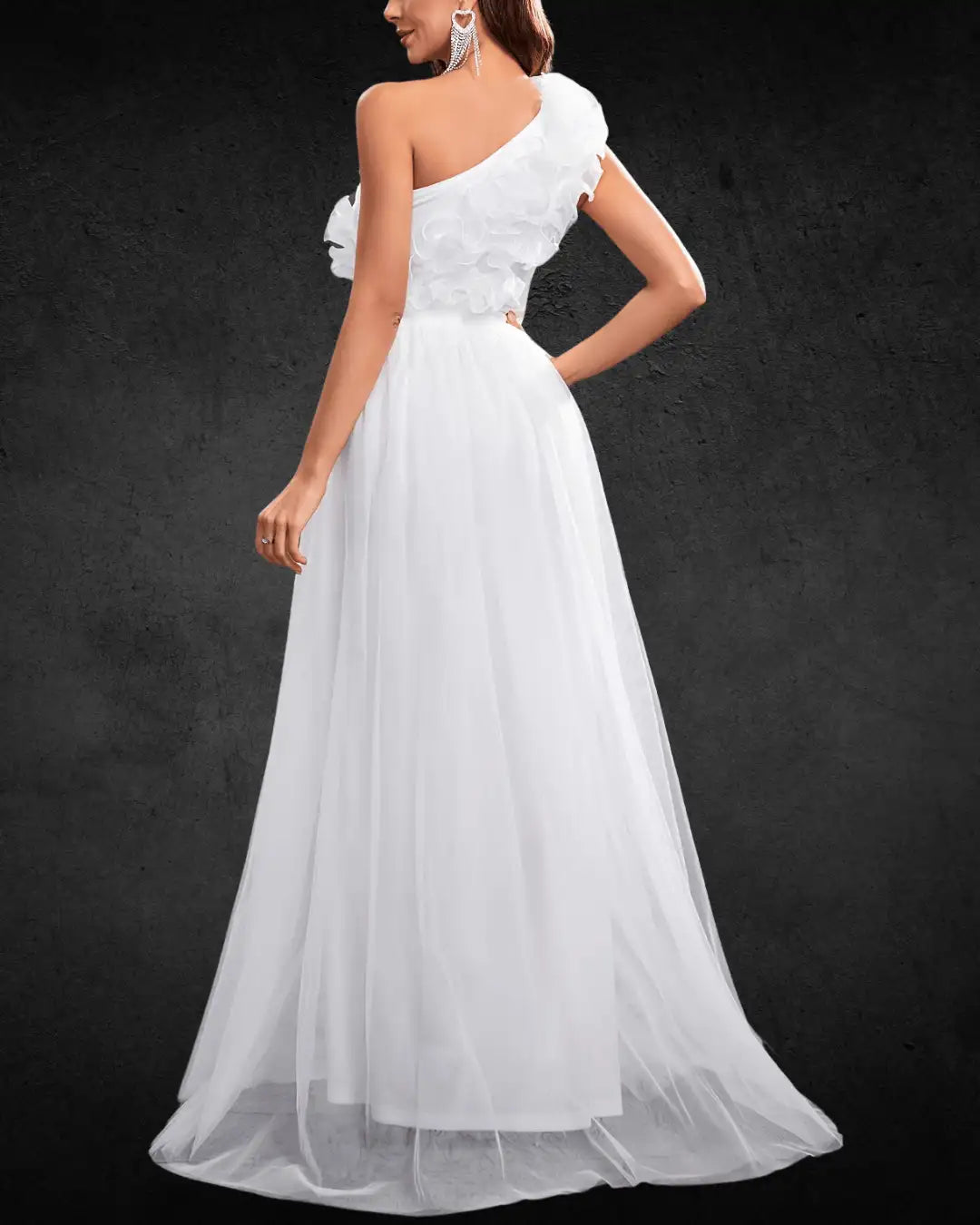 Elegant One-Shoulder A-Line Wedding Dress – White with Ruffled Detail, High Waist, and Flowing Silhouette - VougeVampUK