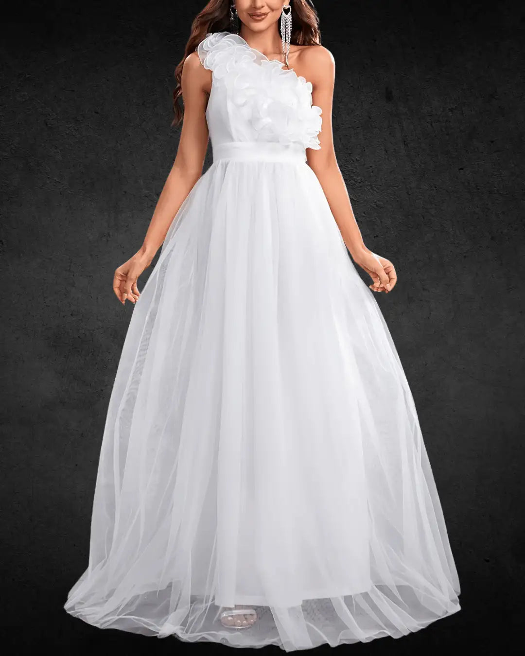 Elegant One-Shoulder A-Line Wedding Dress – White with Ruffled Detail, High Waist, and Flowing Silhouette - VougeVampUK