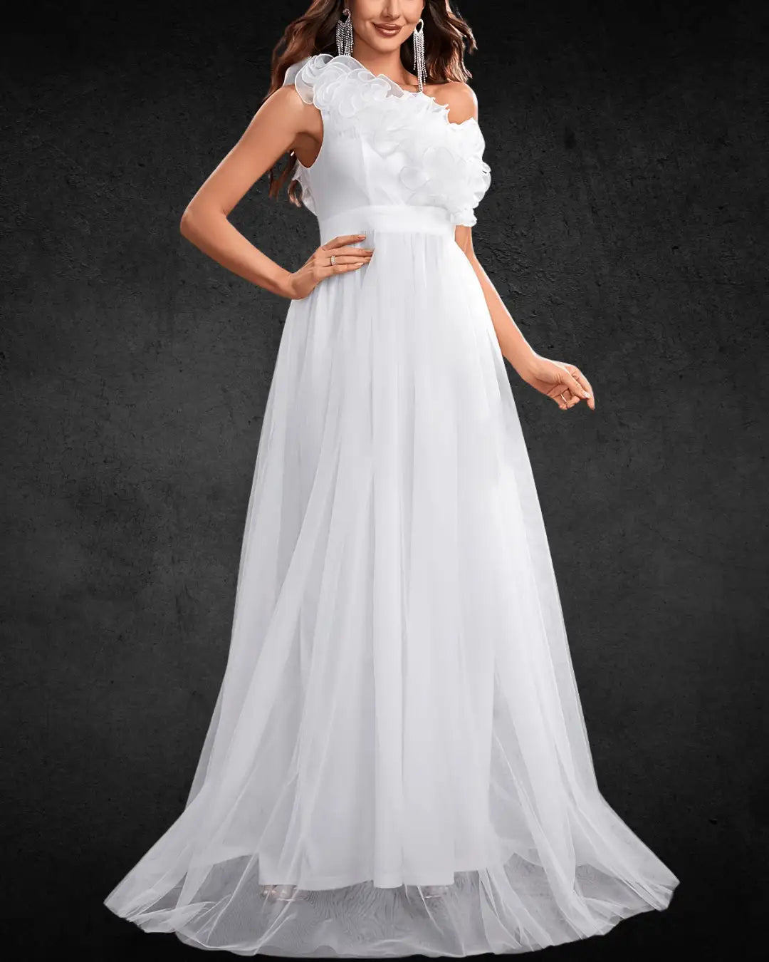 Elegant One-Shoulder A-Line Wedding Dress – White with Ruffled Detail, High Waist, and Flowing Silhouette - VougeVampUK