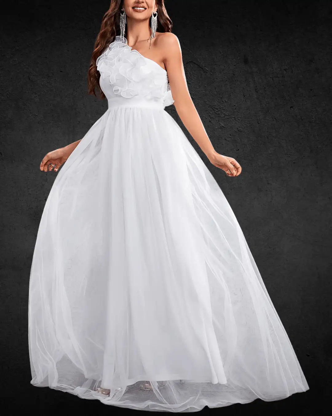 Elegant One-Shoulder A-Line Wedding Dress – White with Ruffled Detail, High Waist, and Flowing Silhouette - VougeVampUK