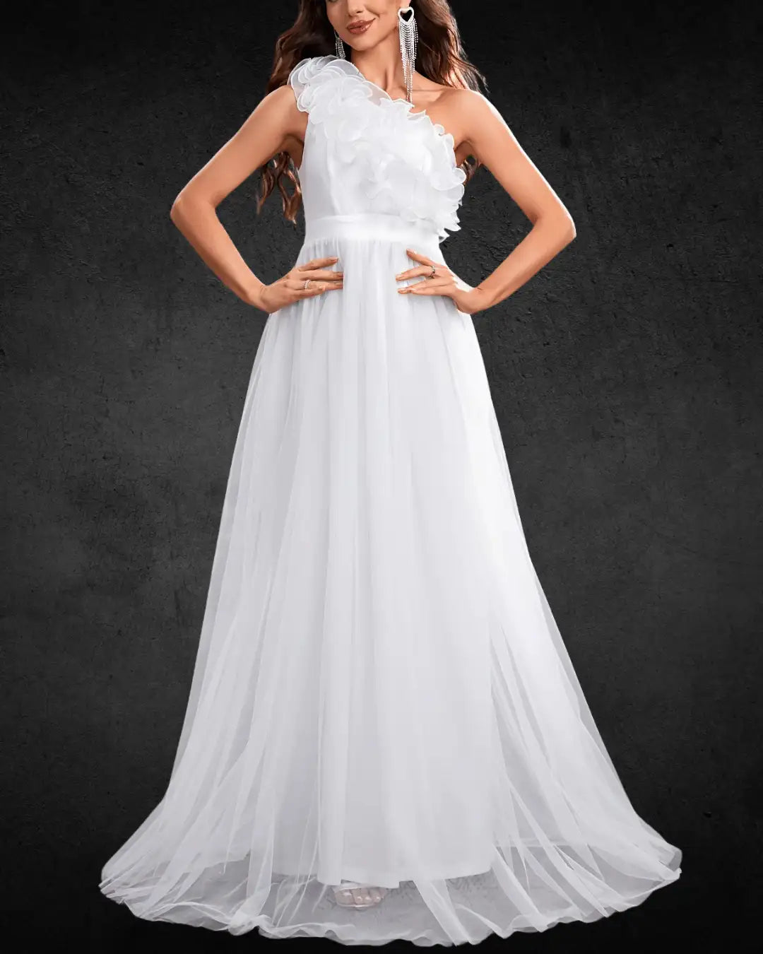 Elegant One-Shoulder A-Line Wedding Dress – White with Ruffled Detail, High Waist, and Flowing Silhouette - VougeVampUK