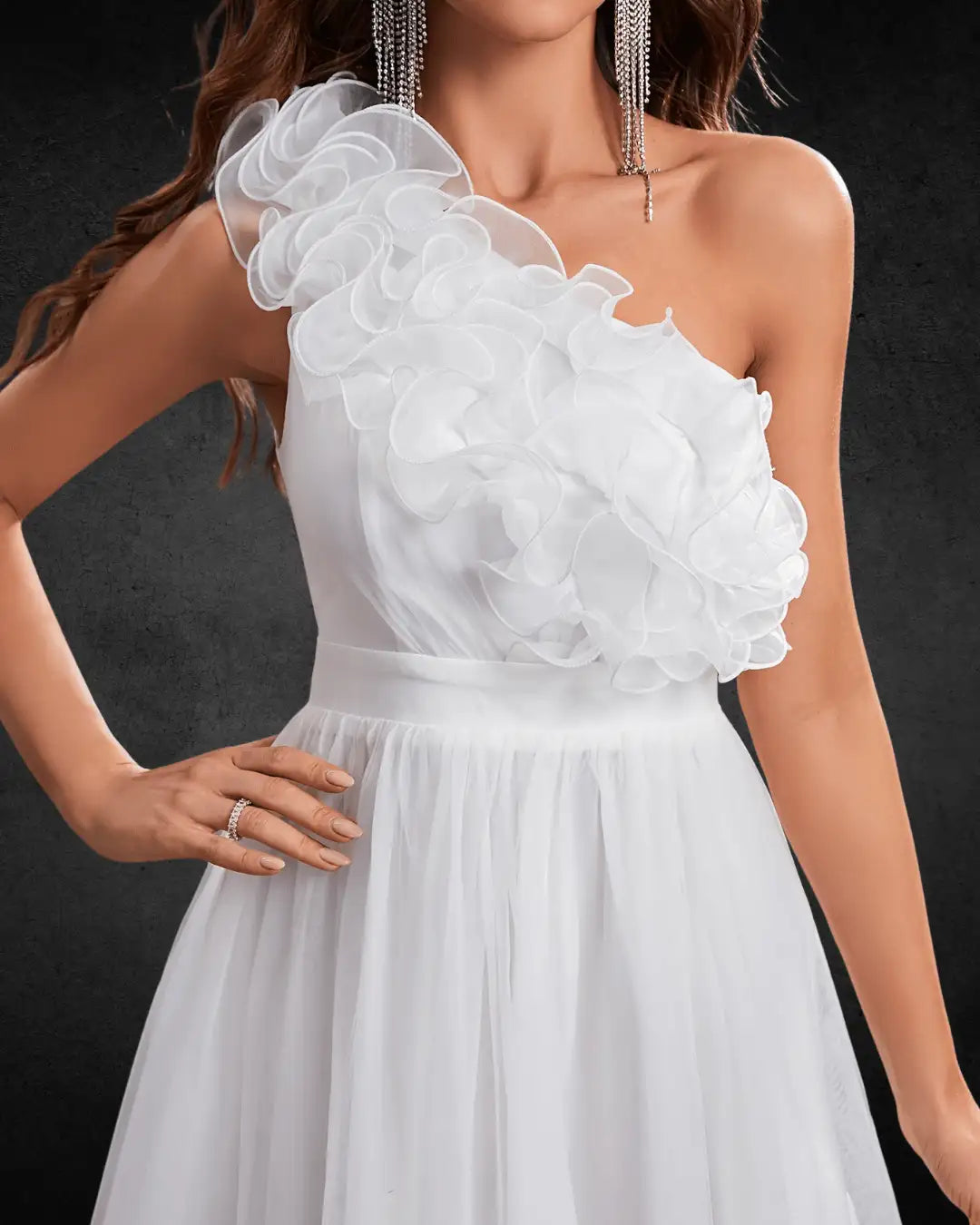 Elegant One-Shoulder A-Line Wedding Dress – White with Ruffled Detail, High Waist, and Flowing Silhouette - VougeVampUK