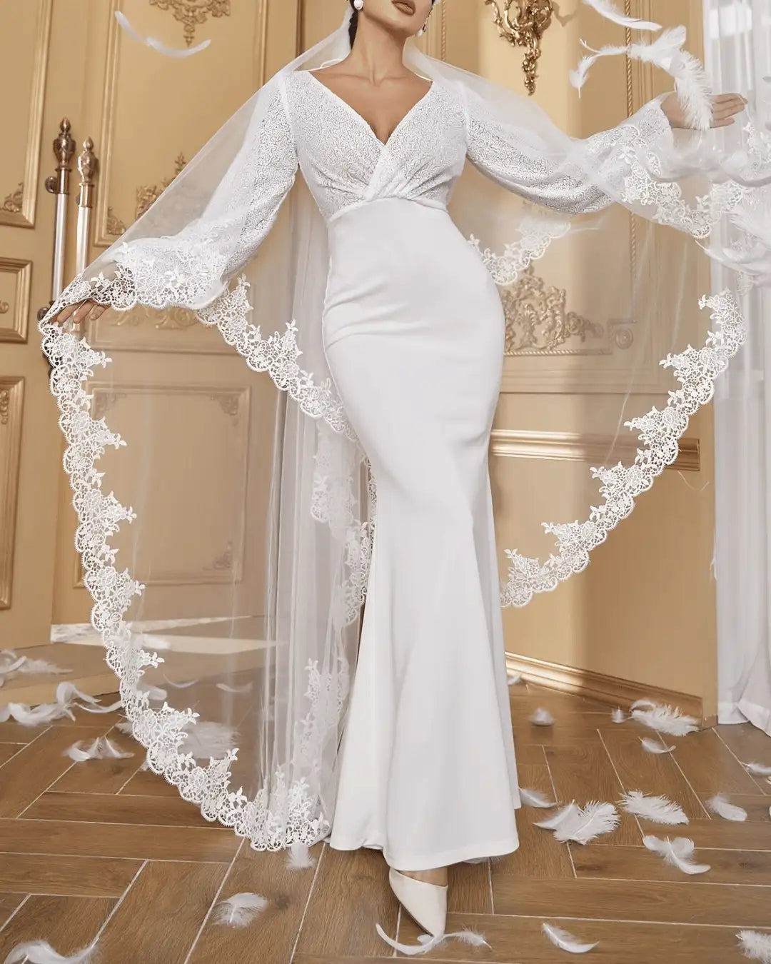 Elegant V-Neck Lace Lantern Sleeve Bridal Dress - Sheer Veil, Floral Appliqués, Fishtail Gown - VougeVampUK