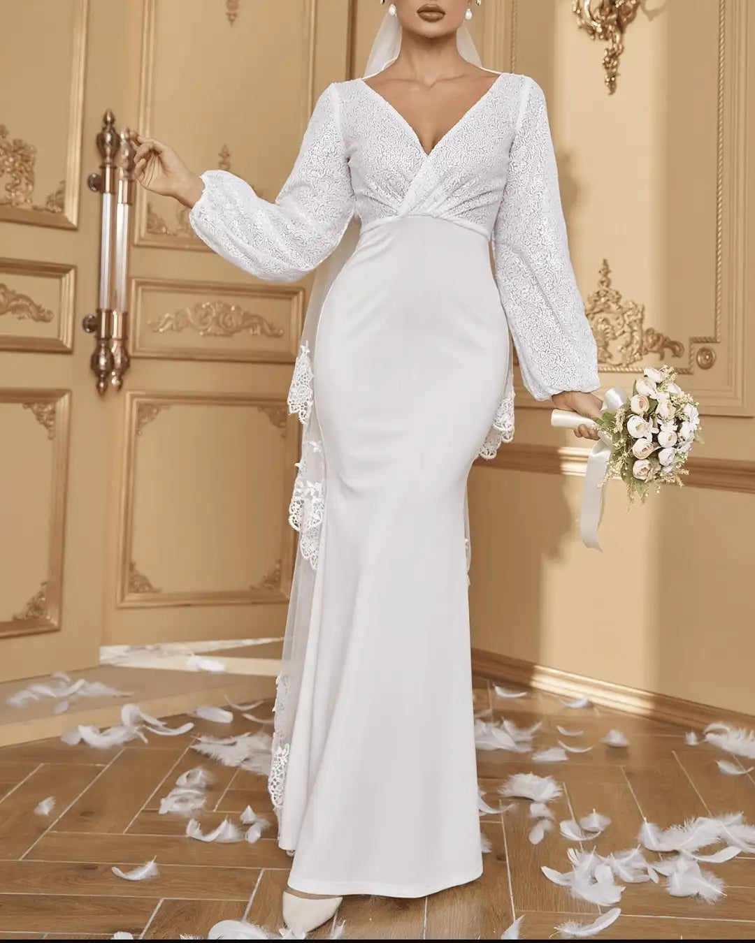 Elegant V-Neck Lace Lantern Sleeve Bridal Dress - Sheer Veil, Floral Appliqués, Fishtail Gown - VougeVampUK