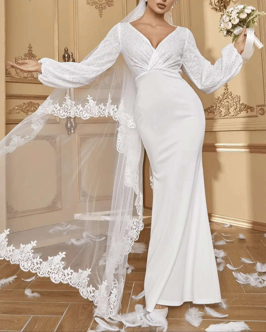 Elegant V-Neck Lace Lantern Sleeve Bridal Dress - Sheer Veil, Floral Appliqués, Fishtail Gown - VougeVampUK