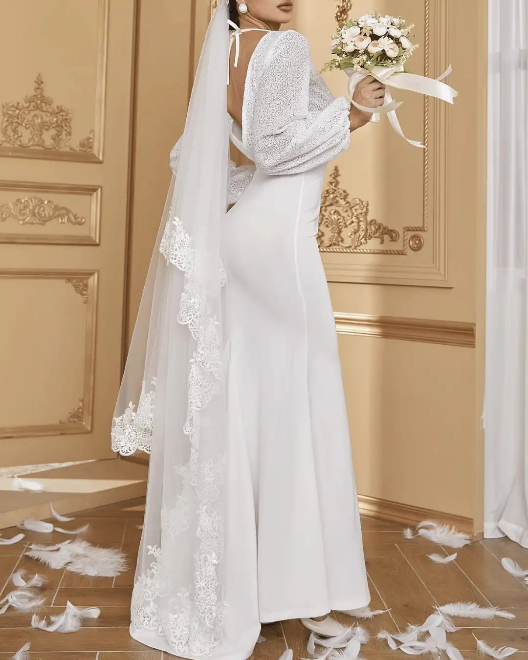 Elegant V-Neck Lace Lantern Sleeve Bridal Dress - Sheer Veil, Floral Appliqués, Fishtail Gown - VougeVampUK