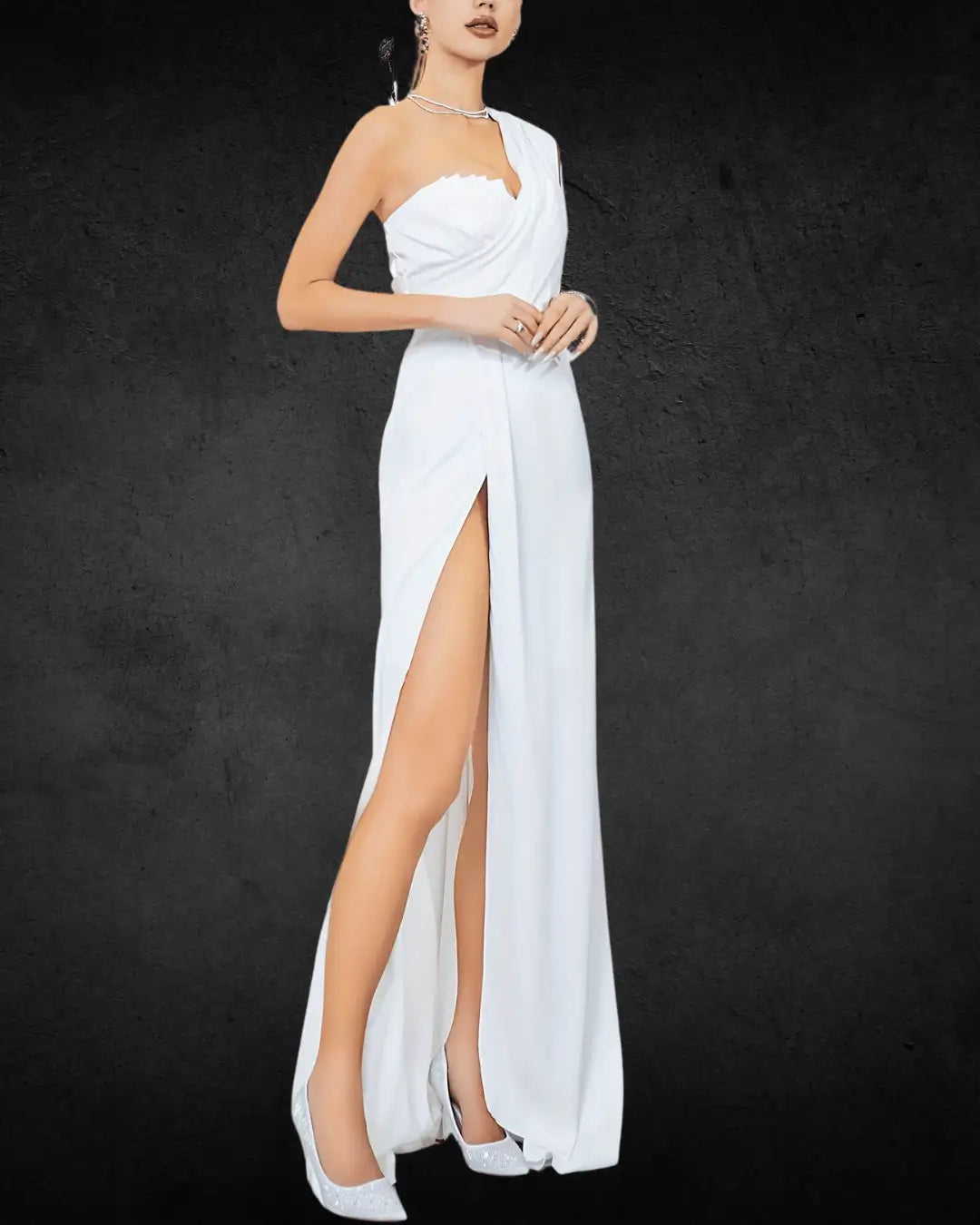 VougeVamp Elegant One-Shoulder Long Bridal Dress with Floral Detail and Thigh-High Slit Wedding Dress