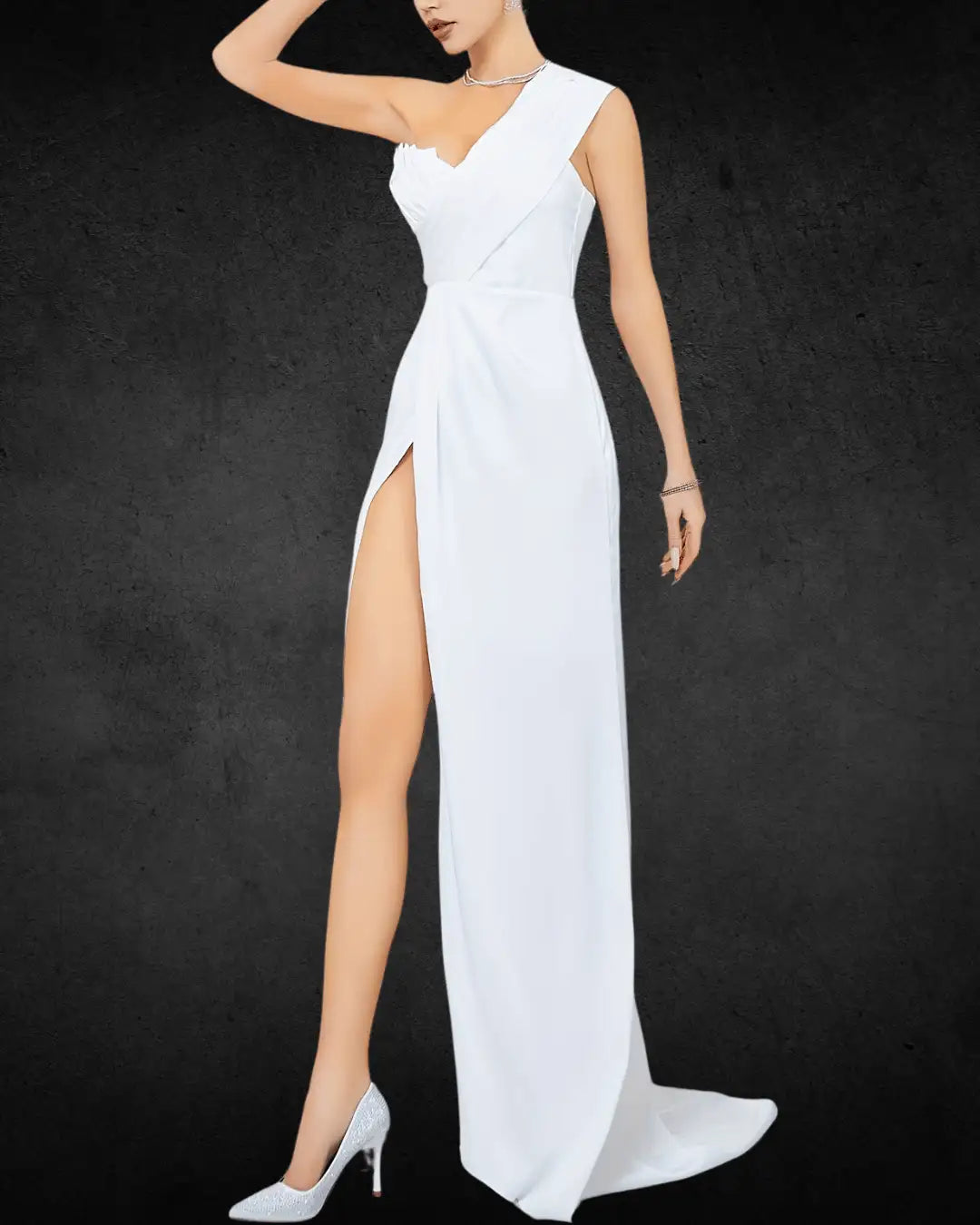 VougeVamp Elegant One-Shoulder Long Bridal Dress with Floral Detail and Thigh-High Slit Wedding Dress