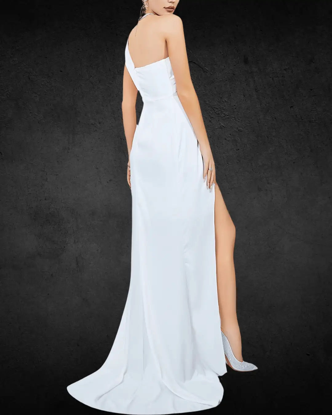 VougeVamp Elegant One-Shoulder Long Bridal Dress with Floral Detail and Thigh-High Slit Wedding Dress
