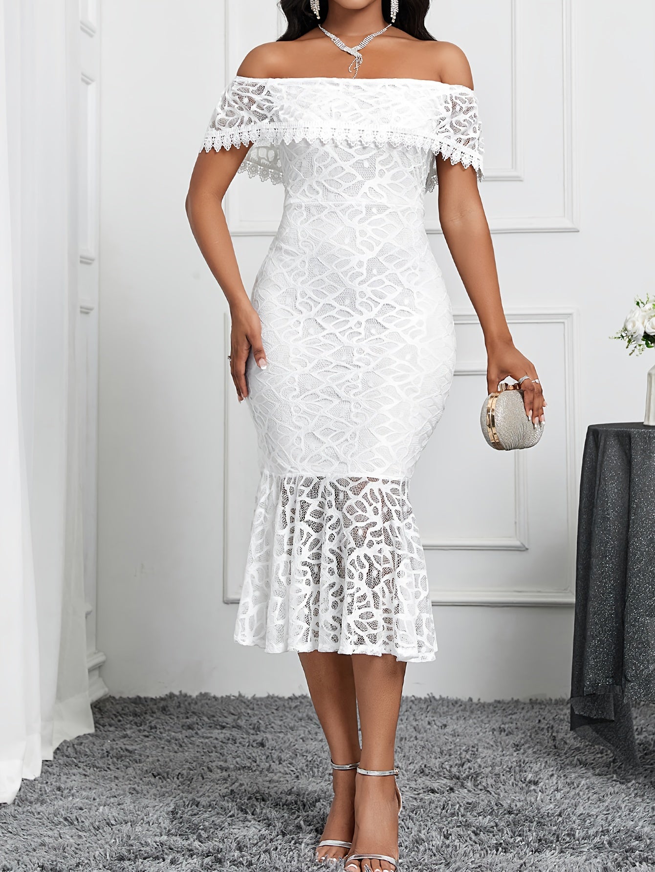 VougeVamp Lace Splicing Off-Shoulder Formal Dress for Women - Elegant Mermaid Hem Evening Pencil Gown