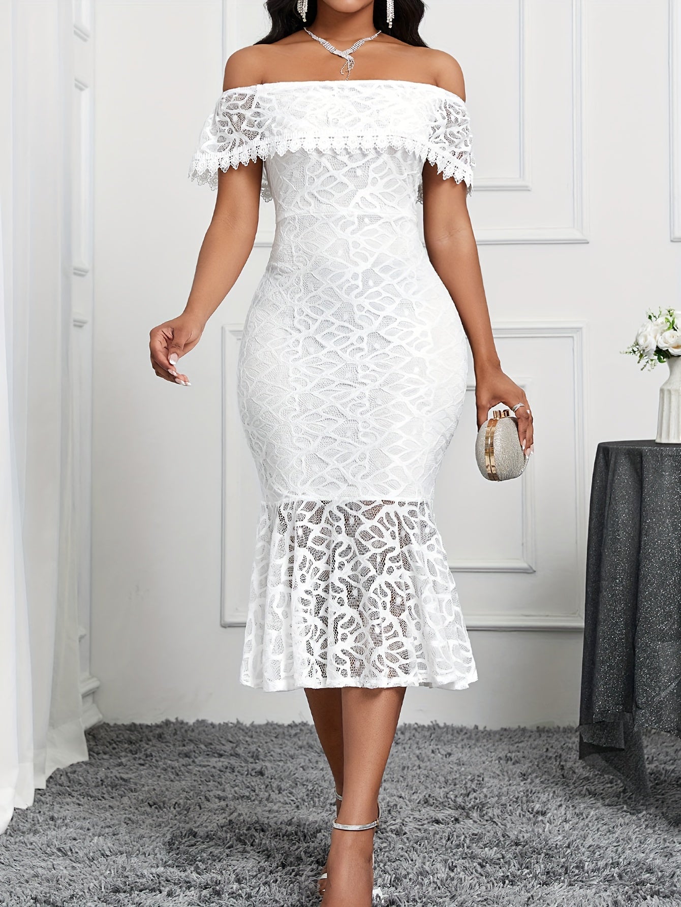 VougeVamp Lace Splicing Off-Shoulder Formal Dress for Women - Elegant Mermaid Hem Evening Pencil Gown
