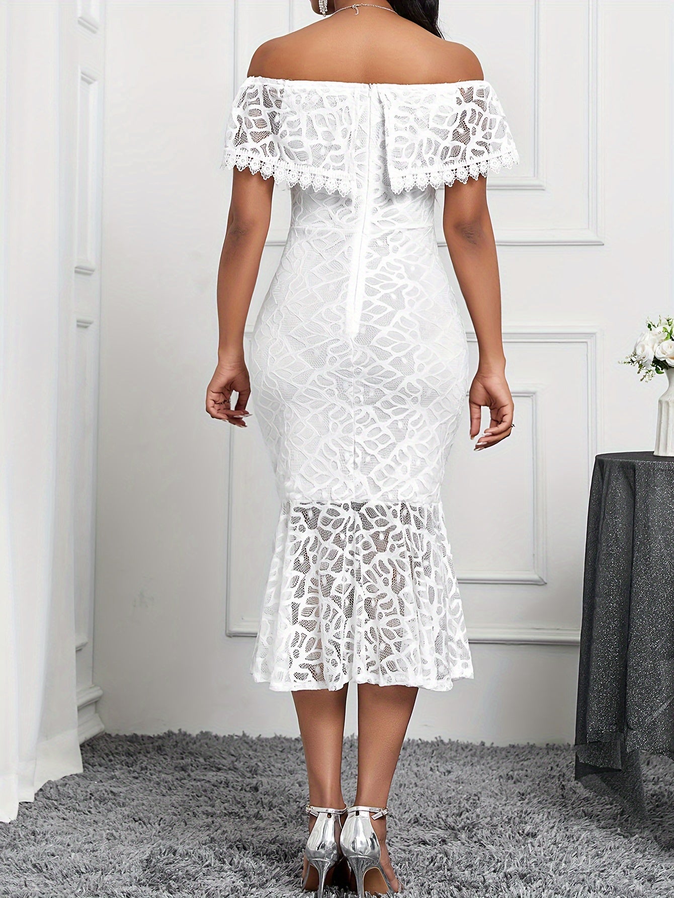 VougeVamp Lace Splicing Off-Shoulder Formal Dress for Women - Elegant Mermaid Hem Evening Pencil Gown