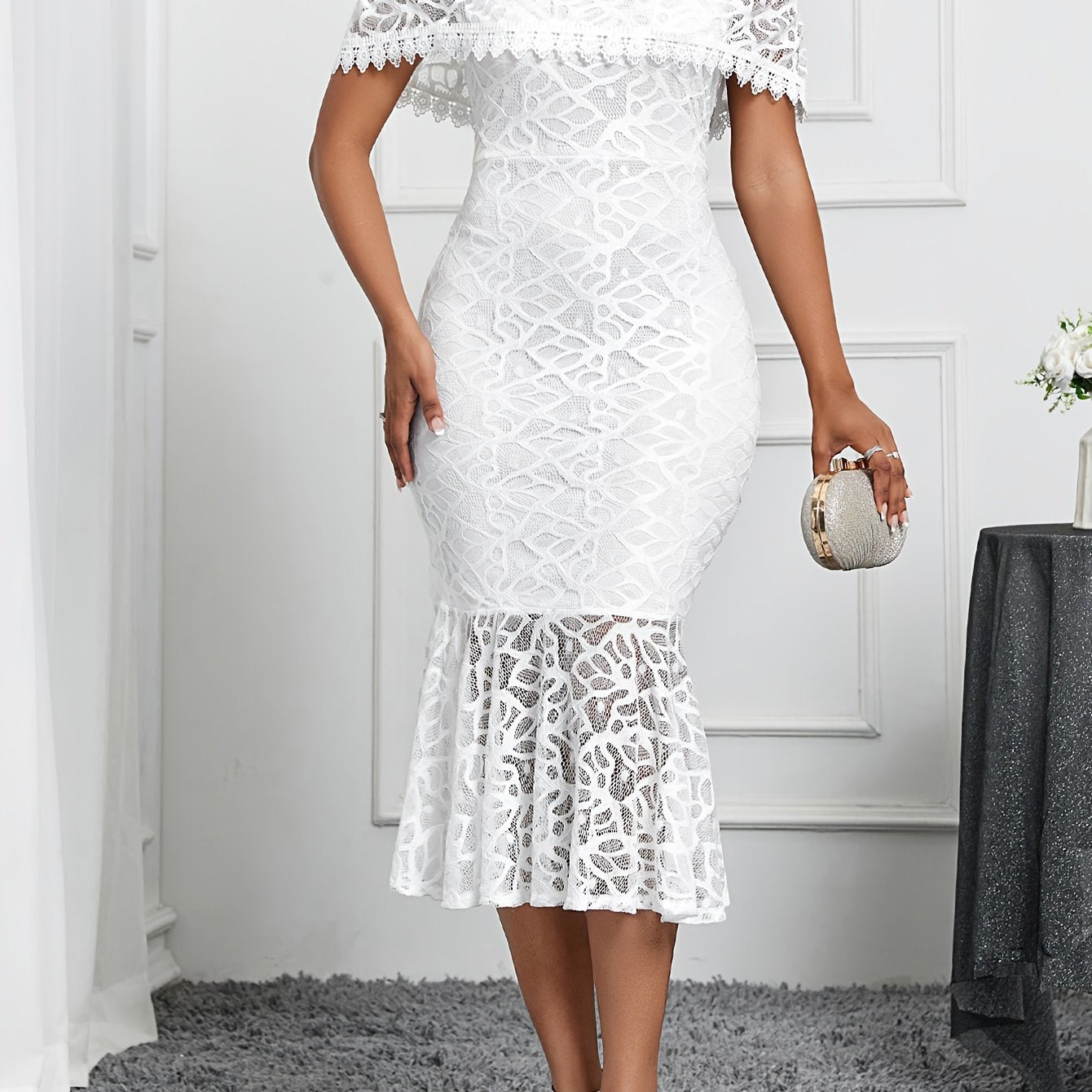 VougeVamp Lace Splicing Off-Shoulder Formal Dress for Women - Elegant Mermaid Hem Evening Pencil Gown