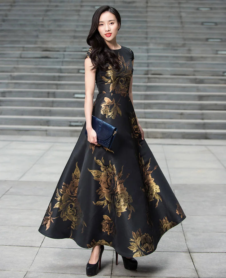 VougeVamp Elegant Boho Floral Jacquard Maxi Dress – Summer Long Vestido for Casual & Party Wear