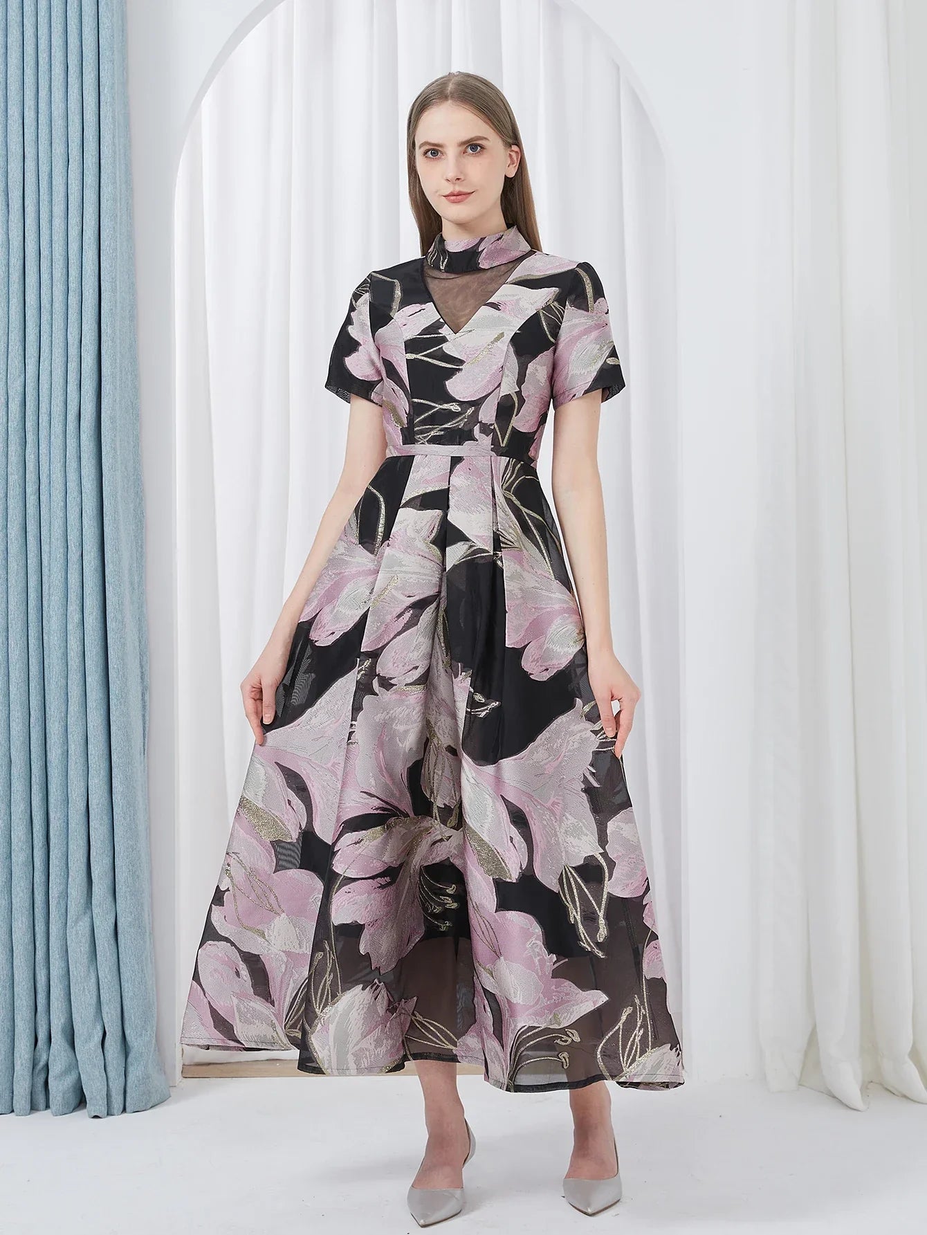 VougeVamp Luxury Jacquard Maxi Dress – Elegant Ball Gown for Weddings, Evening Parties & Special Events