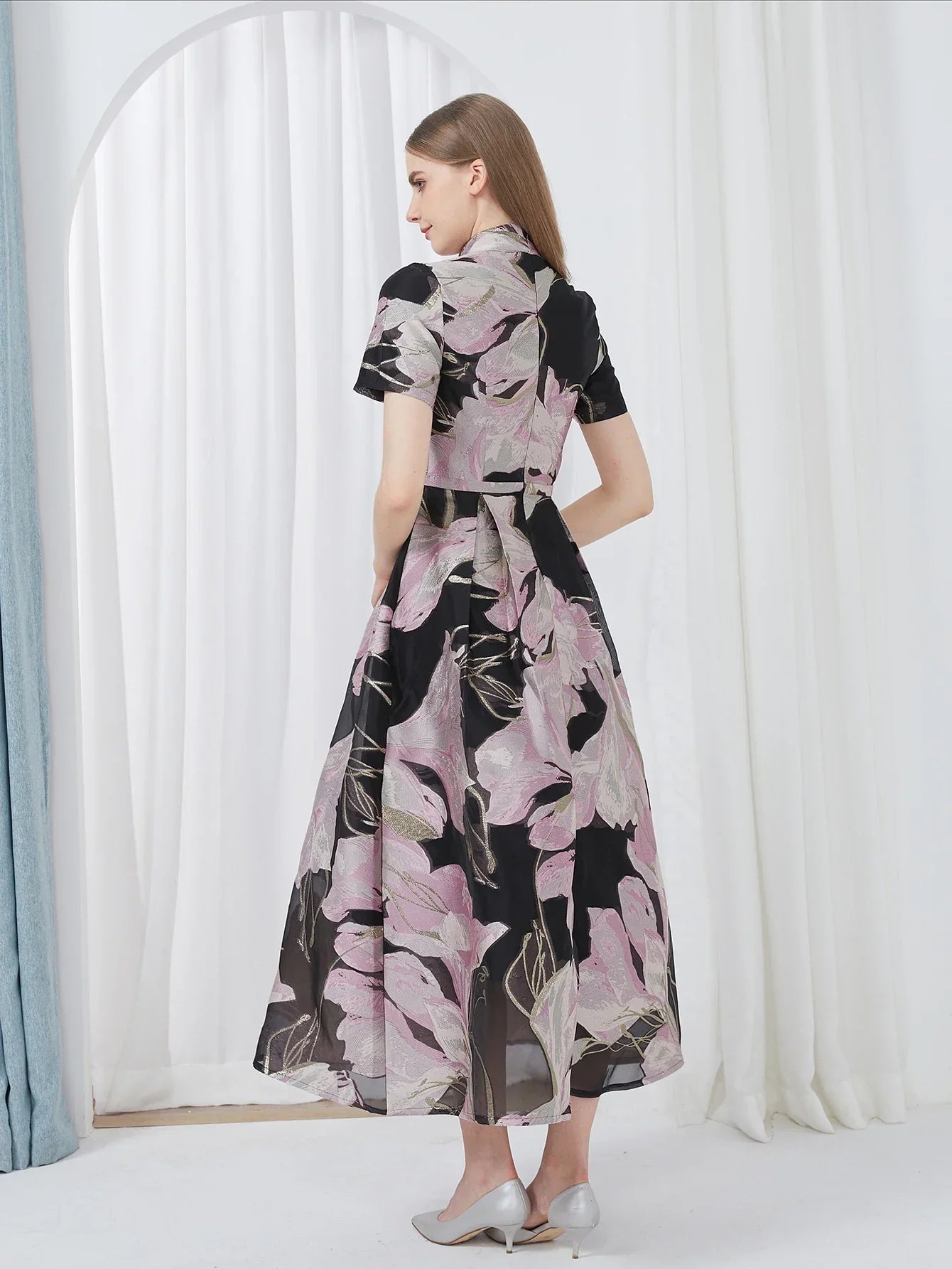 VougeVamp Luxury Jacquard Maxi Dress – Elegant Ball Gown for Weddings, Evening Parties & Special Events