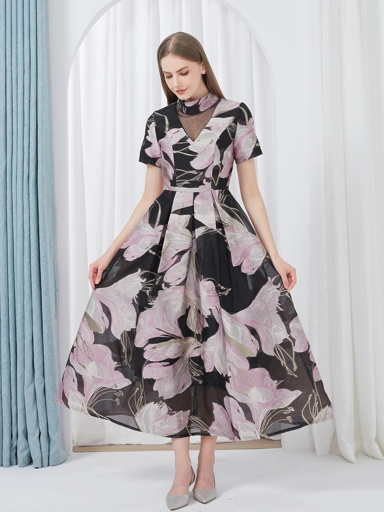 VougeVamp Luxury Jacquard Maxi Dress – Elegant Ball Gown for Weddings, Evening Parties & Special Events