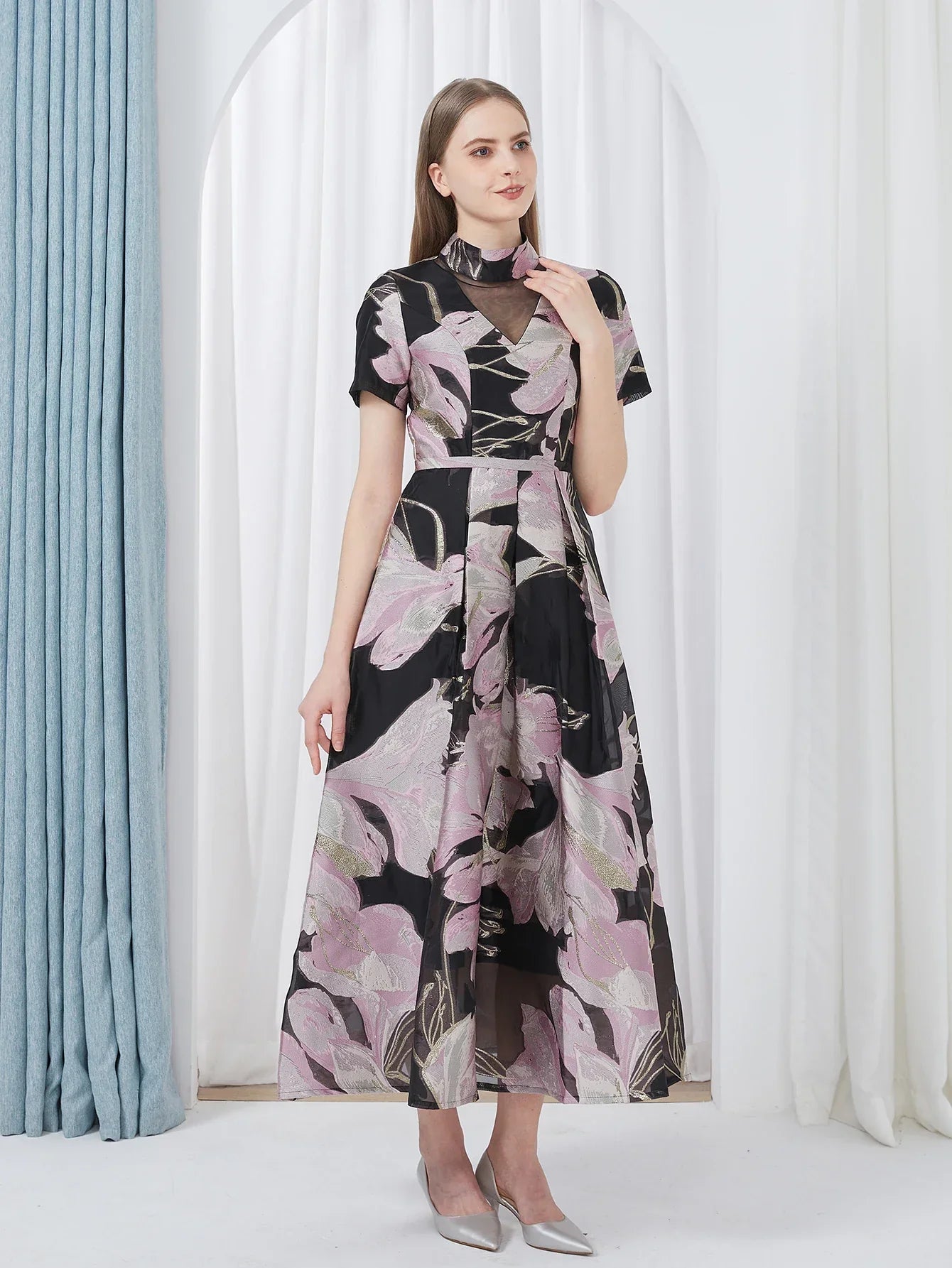 VougeVamp Luxury Jacquard Maxi Dress – Elegant Ball Gown for Weddings, Evening Parties & Special Events