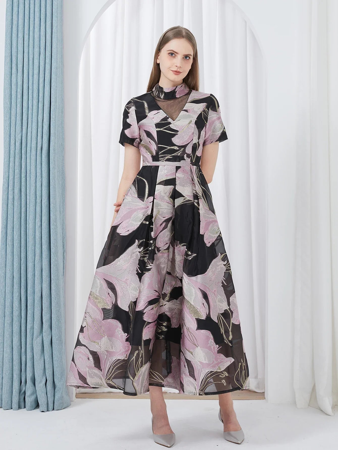 VougeVamp Luxury Jacquard Maxi Dress – Elegant Ball Gown for Weddings, Evening Parties & Special Events