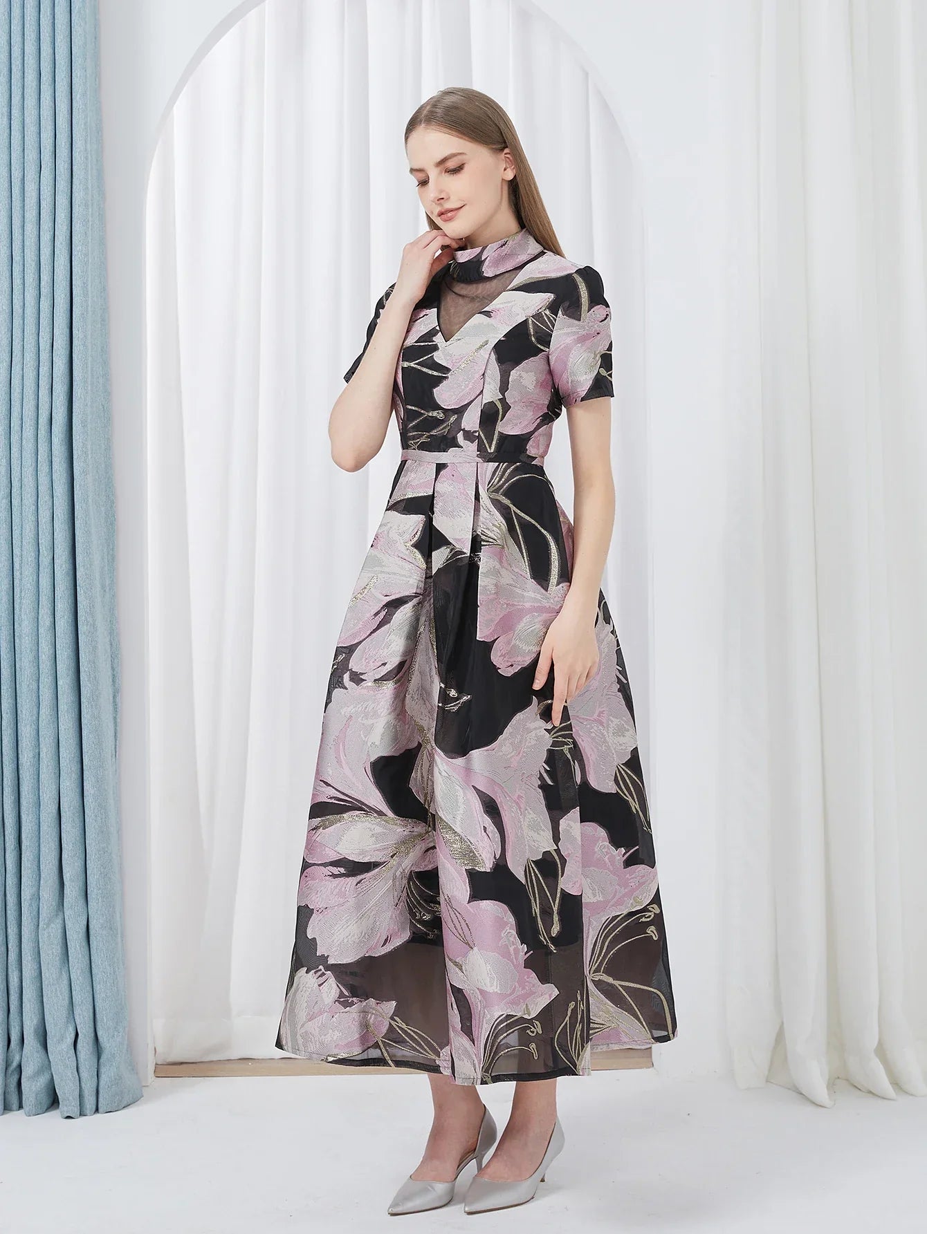 VougeVamp Luxury Jacquard Maxi Dress – Elegant Ball Gown for Weddings, Evening Parties & Special Events