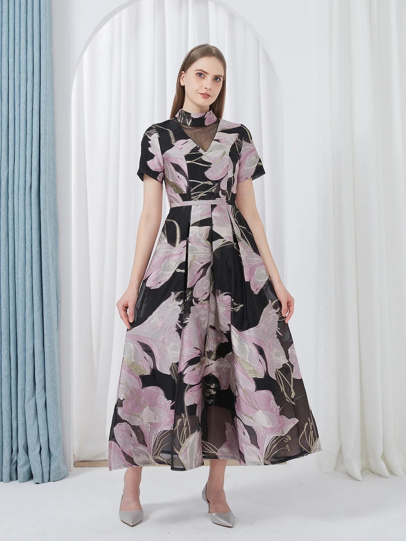 VougeVamp Luxury Jacquard Maxi Dress – Elegant Ball Gown for Weddings, Evening Parties & Special Events