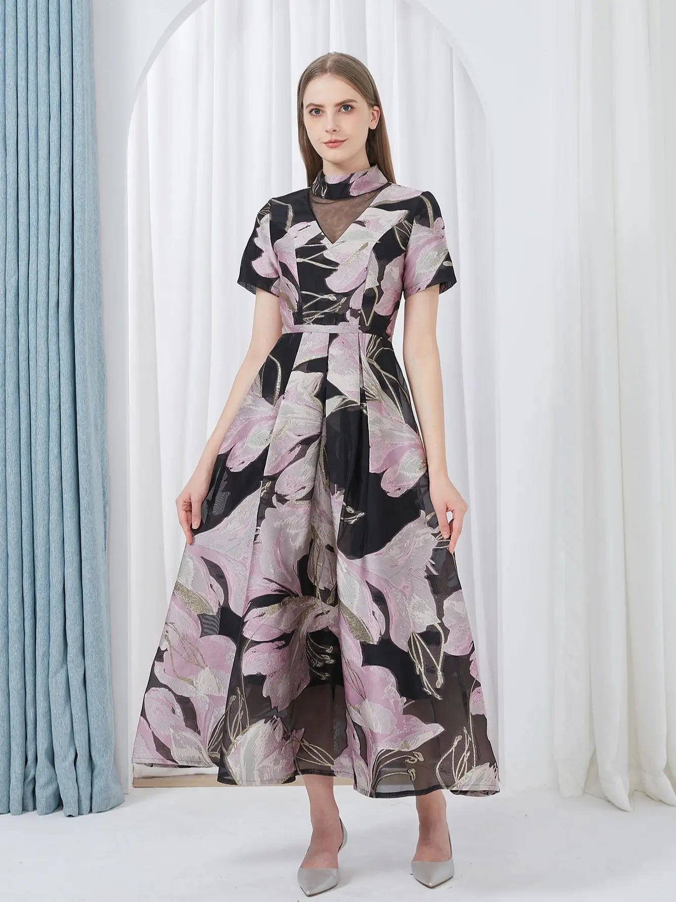 VougeVamp Luxury Jacquard Maxi Dress – Elegant Ball Gown for Weddings, Evening Parties & Special Events