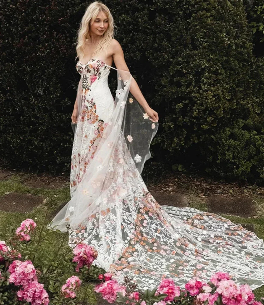 VougeVamp Elegant Strapless Mermaid Evening Dress – Floral Applique, Floor-Length, V-Neck