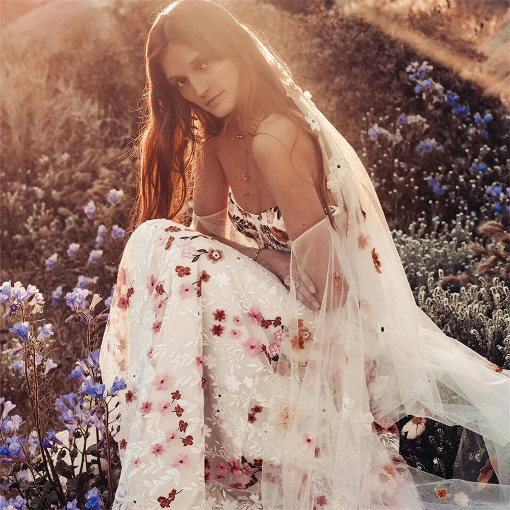 VougeVamp Elegant Strapless Mermaid Evening Dress – Floral Applique, Floor-Length, V-Neck