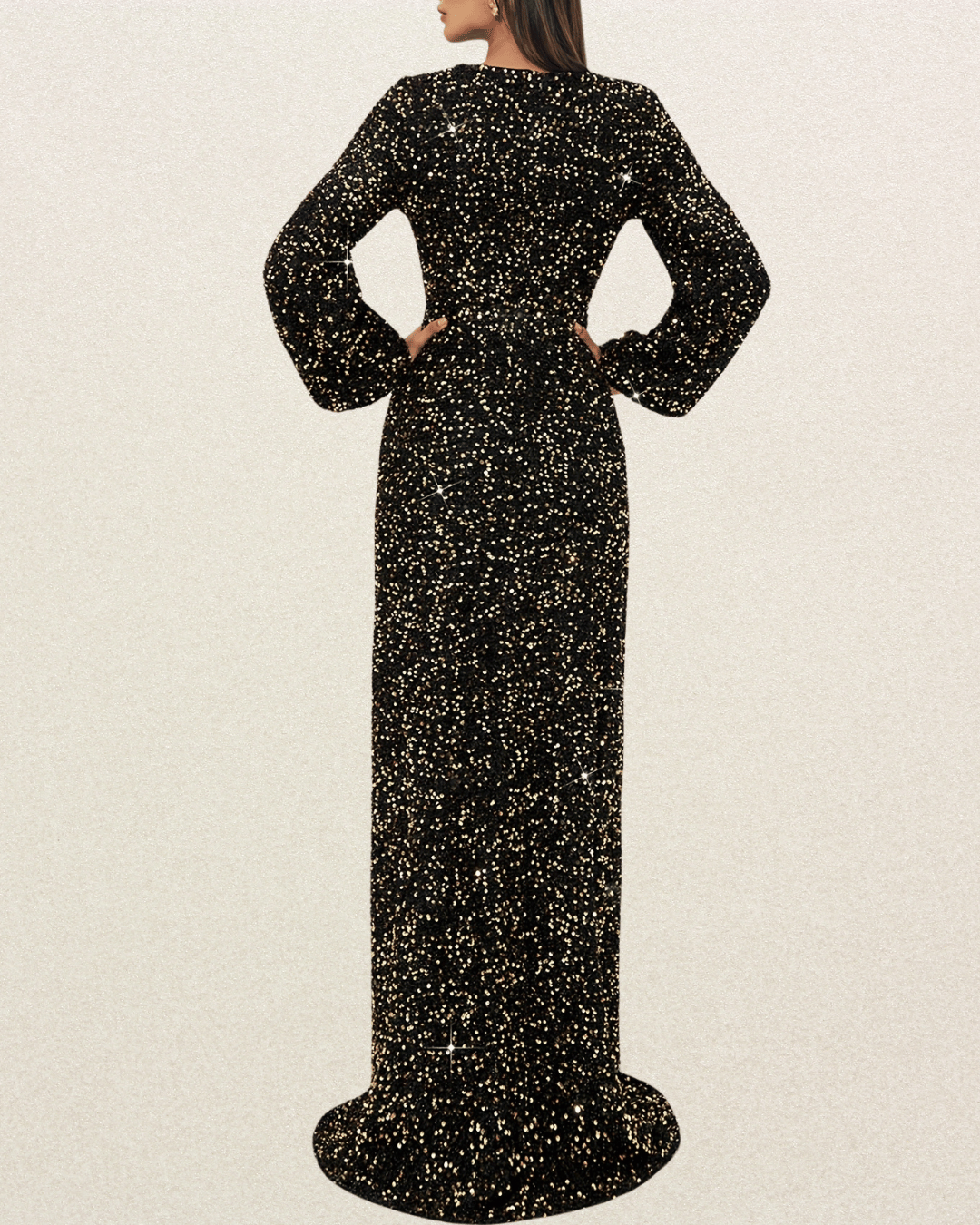 Designer Black Sequin Maxi Dress - V-Neck, Long Sleeve, Stretchy, Polyester, Party Dress, Banquet Dress, Women's Clothing