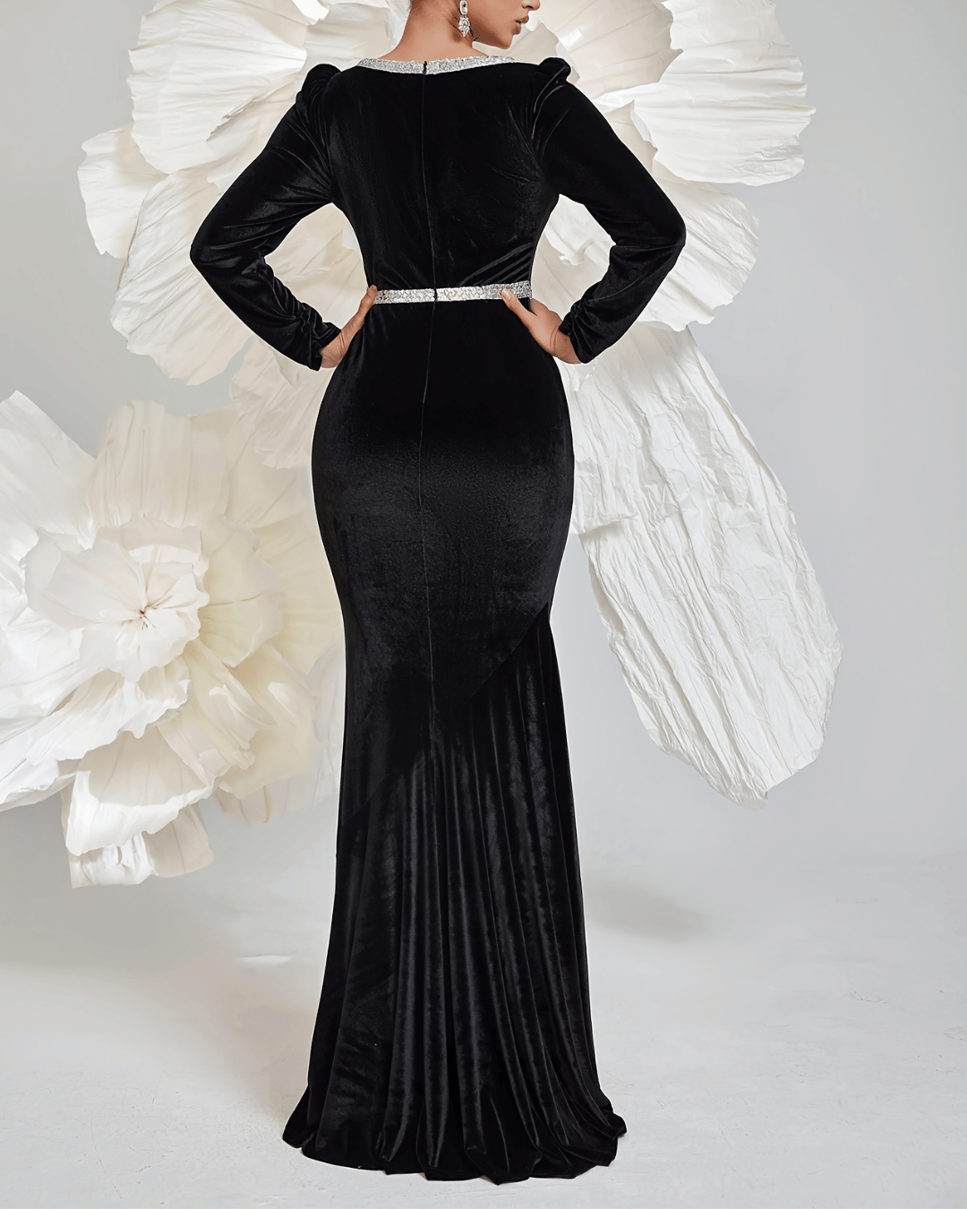 V-Neck Mermaid Dress - Long Sleeve, Rhinestone, Bodycon, Polyester, Party Dress, Banquet Dress