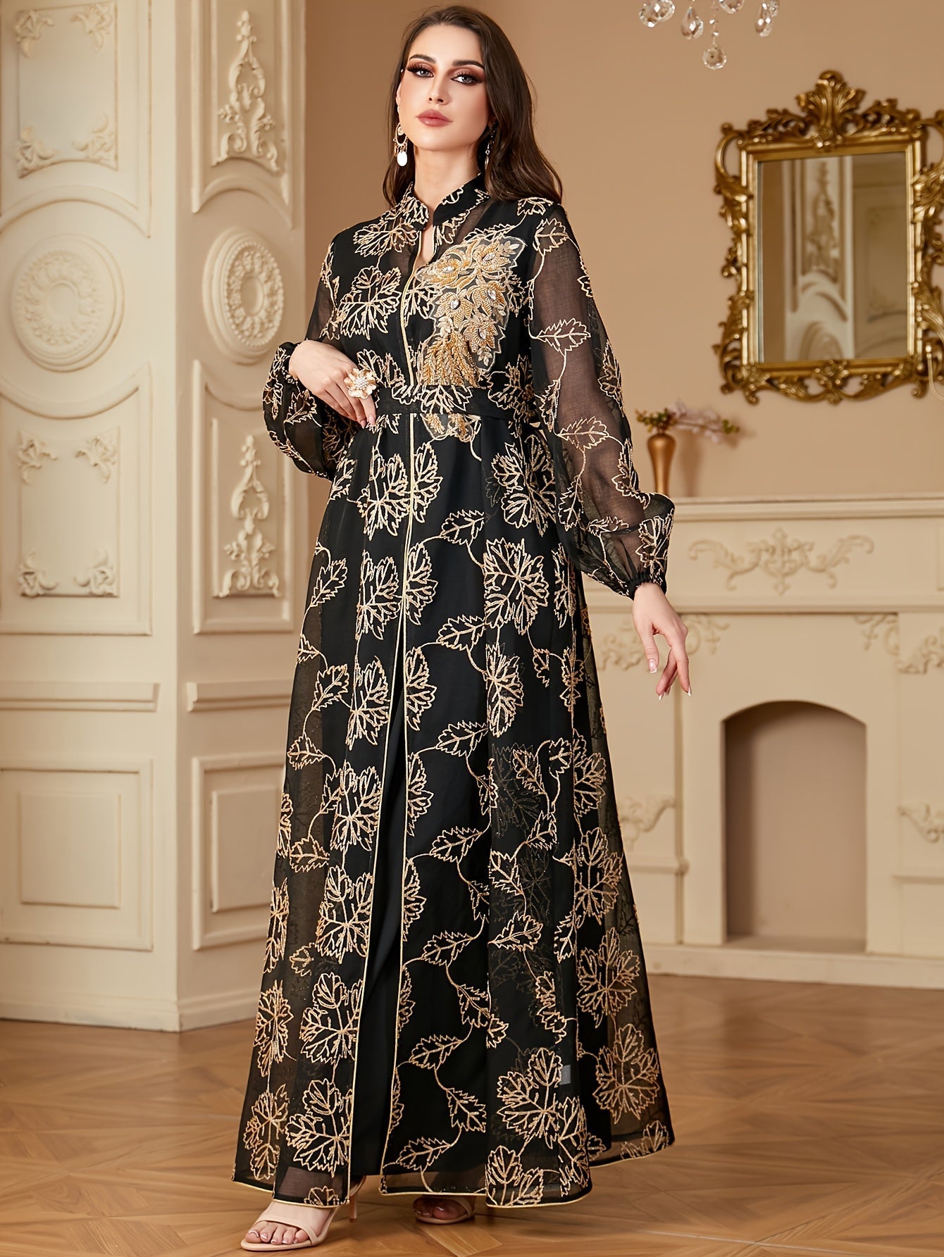 VougeVamp Elegant Sequined Two-Piece Abaya Dress – Modest Long Dress for Middle Eastern Women