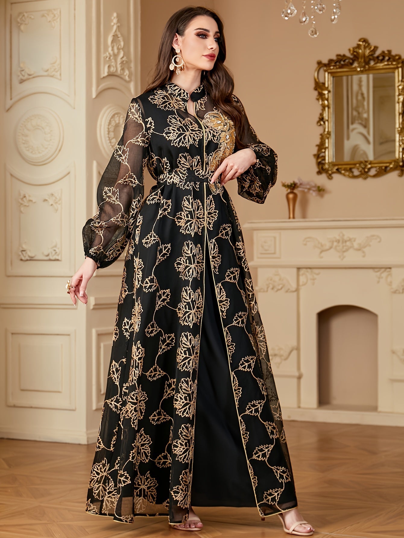 VougeVamp Elegant Sequined Two-Piece Abaya Dress – Modest Long Dress for Middle Eastern Women