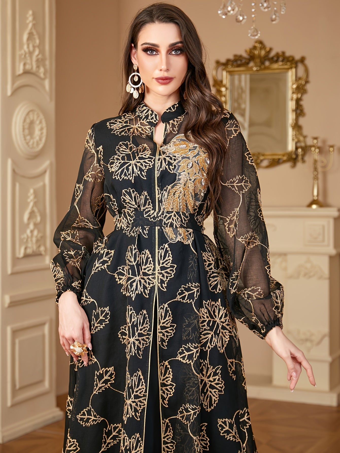 VougeVamp Elegant Sequined Two-Piece Abaya Dress – Modest Long Dress for Middle Eastern Women