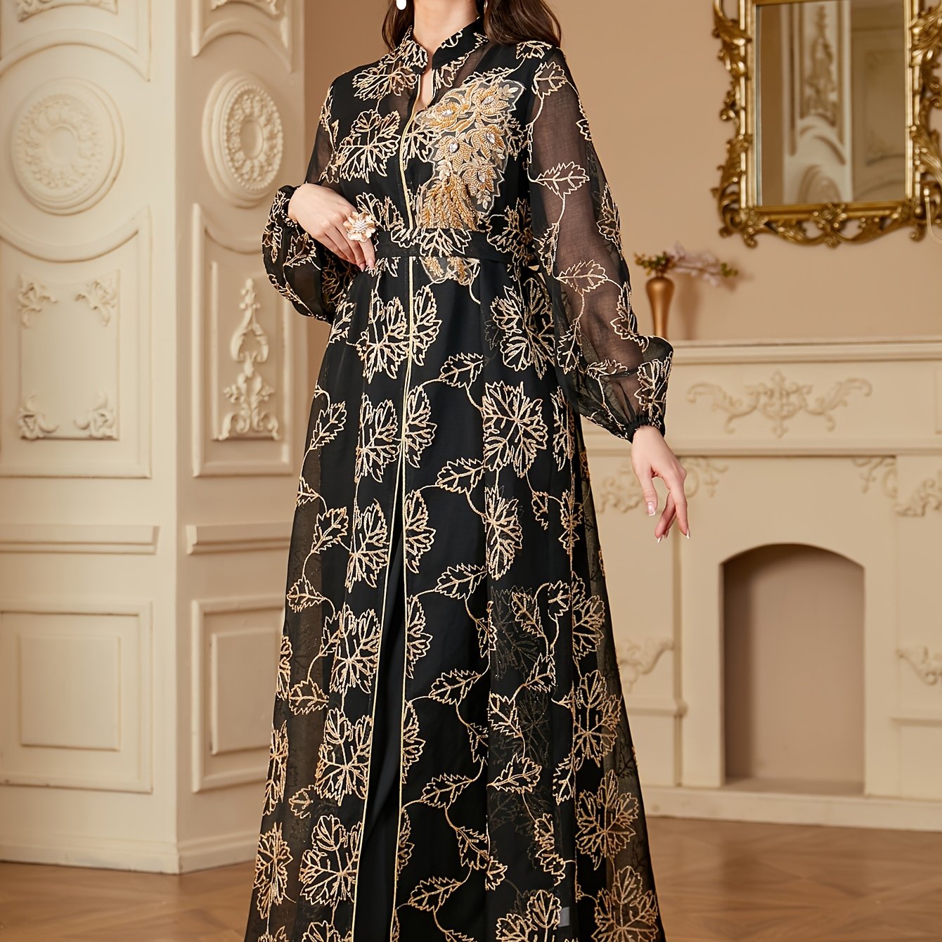 VougeVamp Elegant Sequined Two-Piece Abaya Dress – Modest Long Dress for Middle Eastern Women