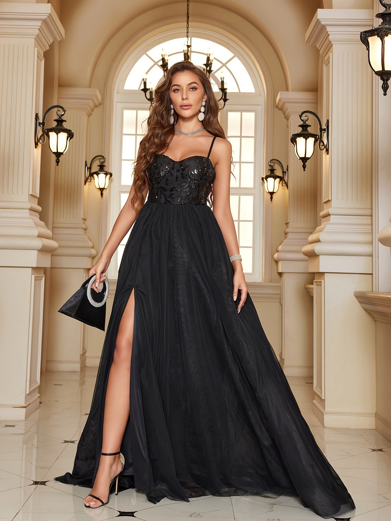 VougeVamp Stunning Sequin Cami Dress – Elegant Bridesmaid Gown with High Slit & Pleated Design