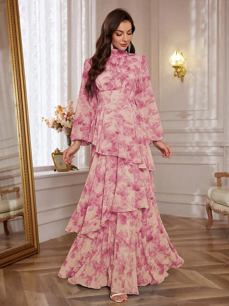 VougeVamp Elegant Floral Print Chiffon Maxi Dress – Lantern Sleeve Ruffle Trim Gown for Casual & Formal Parties