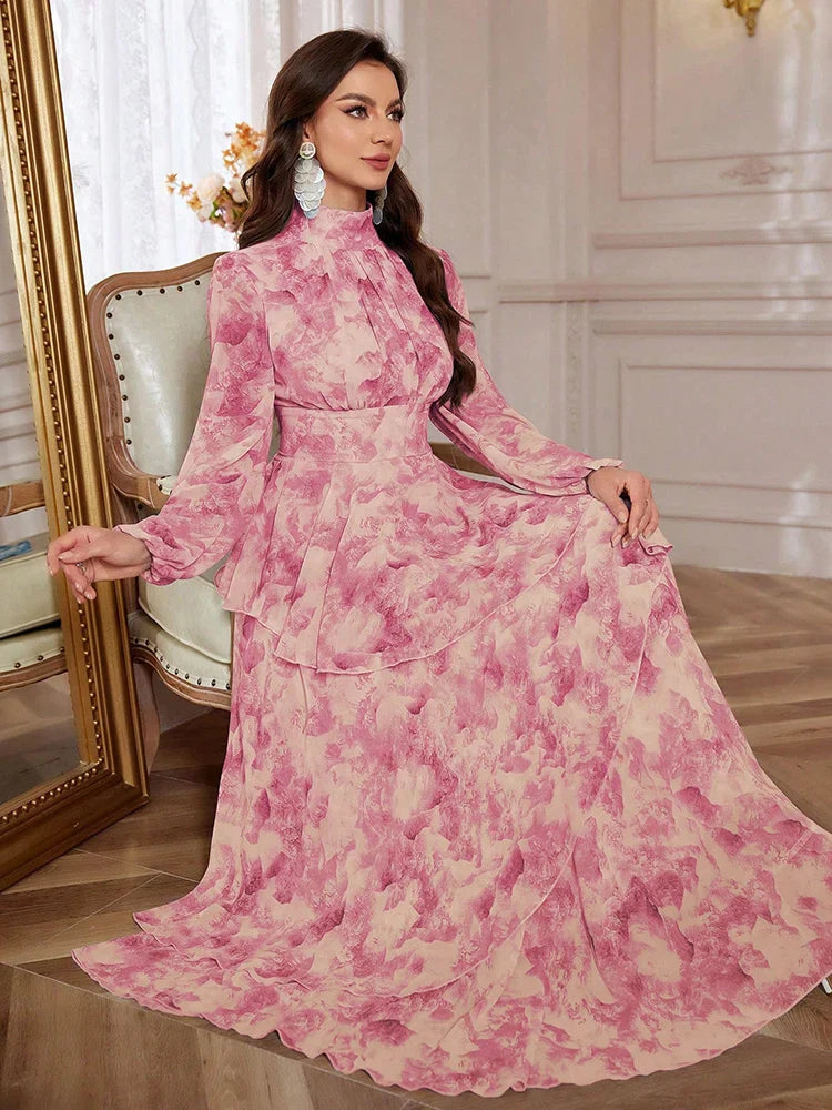 VougeVamp Elegant Floral Print Chiffon Maxi Dress – Lantern Sleeve Ruffle Trim Gown for Casual & Formal Parties